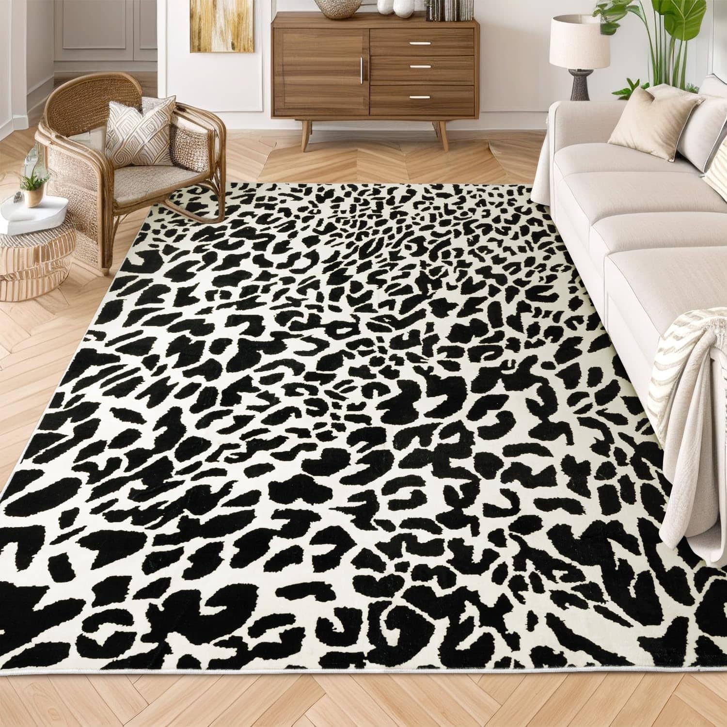 Fabibe - BLACK WHITE Modern Contemporary Abstract Non-Shedding Machine Washable Skid Resistant - Leopard Print 5' x 8' (Rectangular)