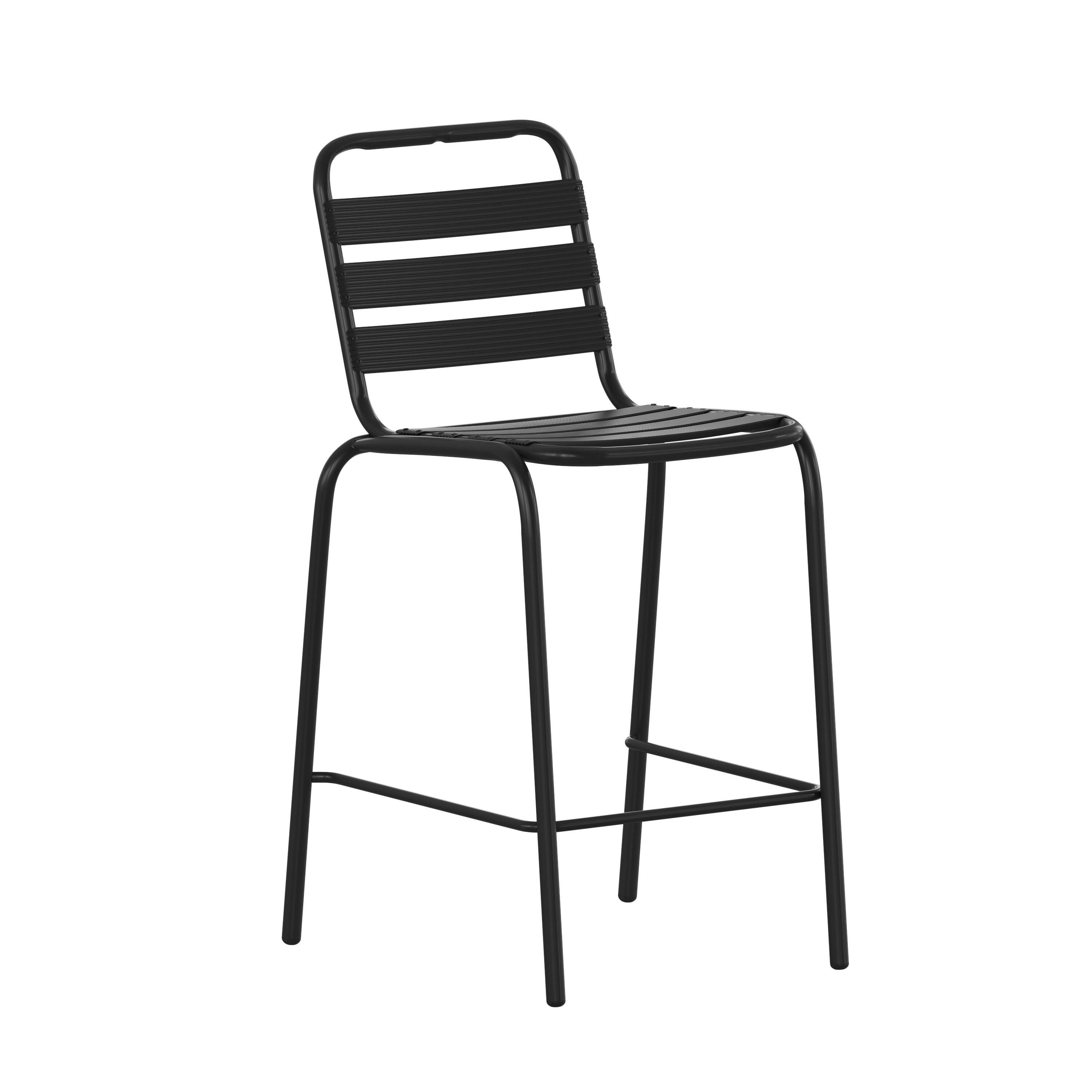 Front. Emma + Oliver - Jens Metal Dining Stool with Triple Slatted Back for Indoor and Outdoor Use - Black.