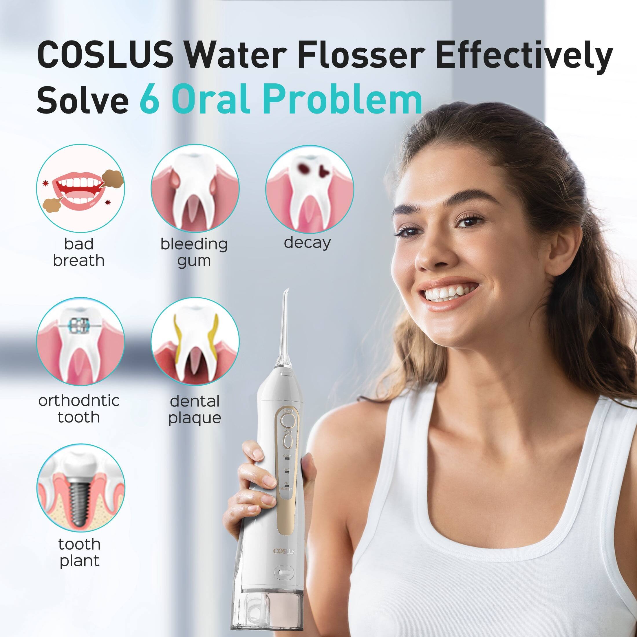 COSLUS Water Flosser Effectively Solve 6 Oral Problems: bad breath, bleeding gum, decay, orthodontic tooth, dental plaque, tooth plant