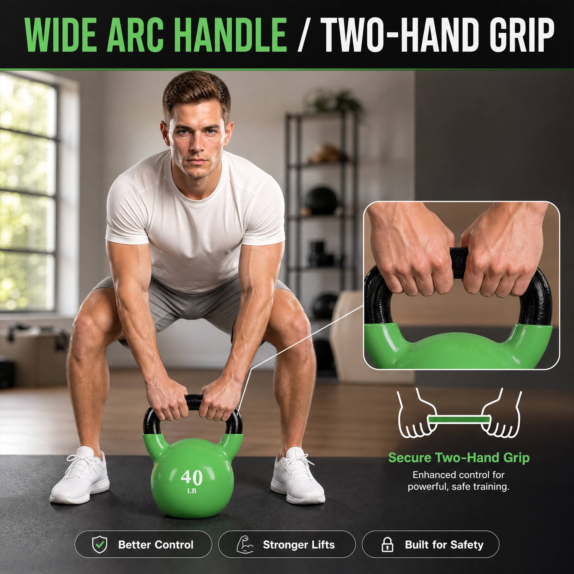 WIDE ARC HANDLE / TWO-HAND GRIP

40 LB

Secure Two-Hand Grip
Enhanced control for powerful, safe training.

Better Control
Stronger Lifts
Built for Safety