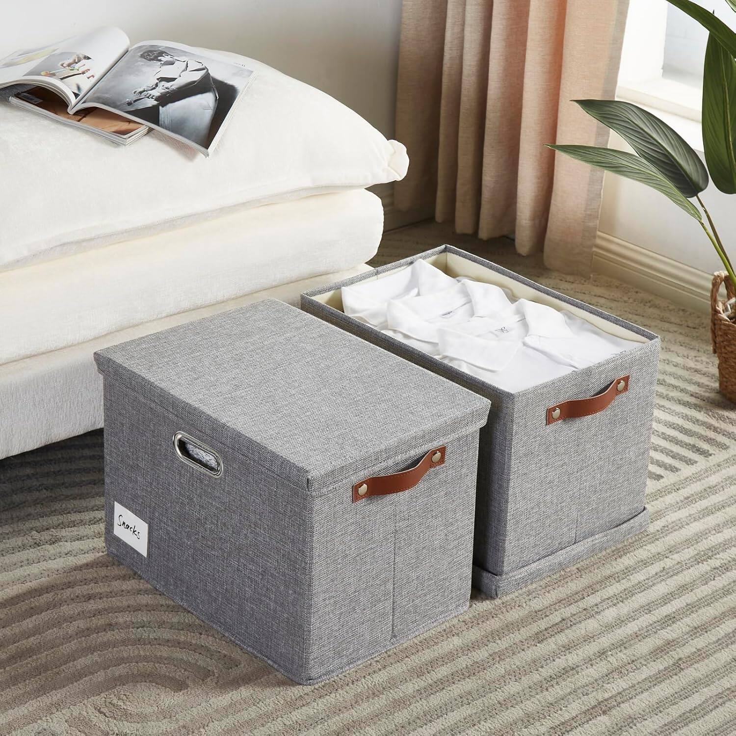 Front. RTMB - 17" Storage Bins with Lids 3pk – Gray, Fabric, Collapsible with PU Handles.