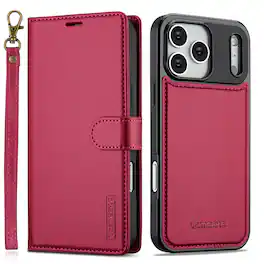 Dteck - For Apple iPhone 18 Pro Max Premium PU Leather Detachable Folio Card Slots Wallet Phone Case With Wrist Strap - Red