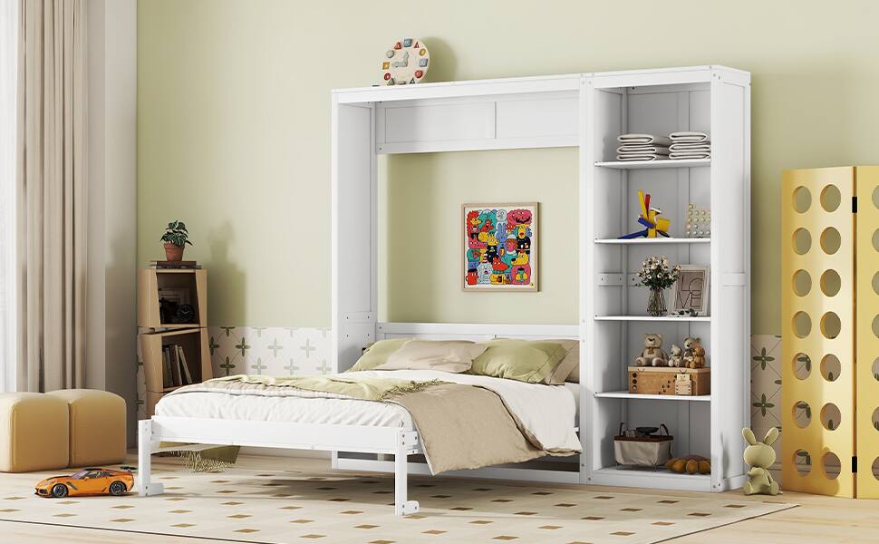 Alt View 10. Tiramisubest - Queen Size Murphy Wall Bed with Shelves, White, Wood + MDF, Space-Saving - White.