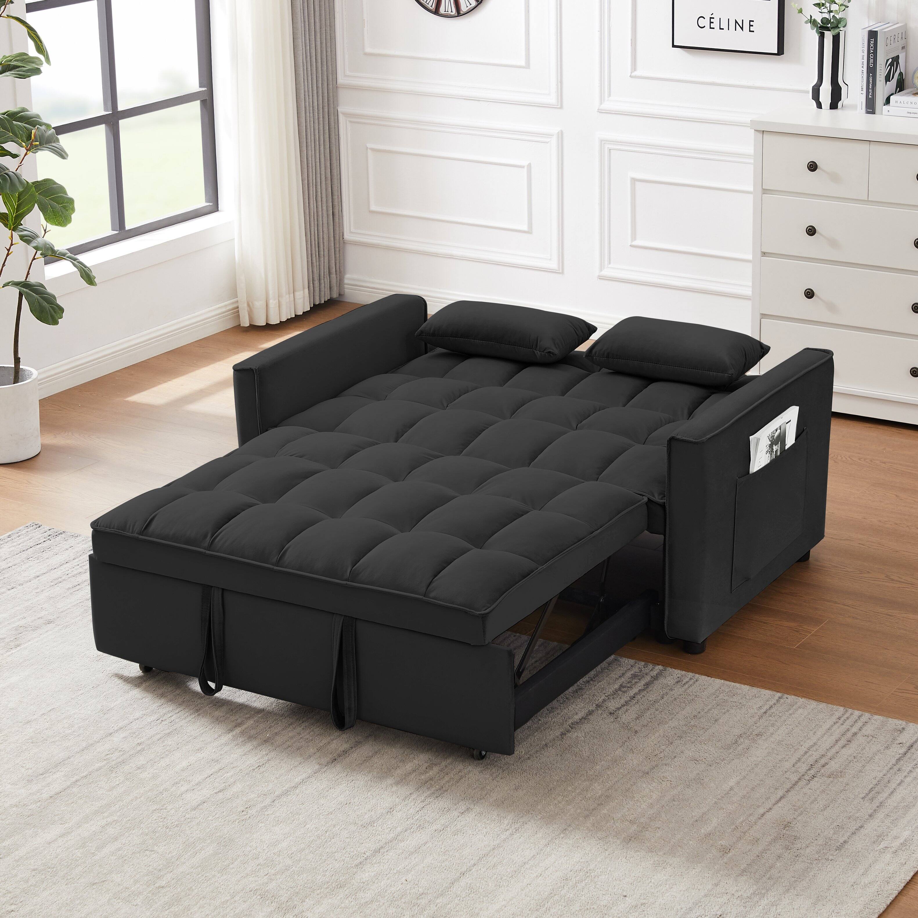 Left. Tiramisubest - 3-in-1 Modern Velvet Sleeper Loveseat,Reclining Backrest,Pullout Bed&Storage Pockets with Pillows for Living Room,Black - Black.