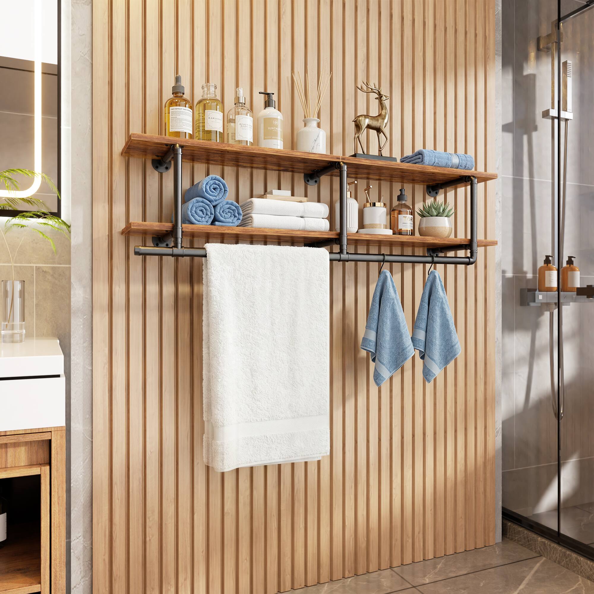 Alt View 2. Aheaplus - 47.2'' Wide Wall Mounted Pipe Clothing Rack with Shelves, 150 LBS Capacity, Easy Assembly - Brown.