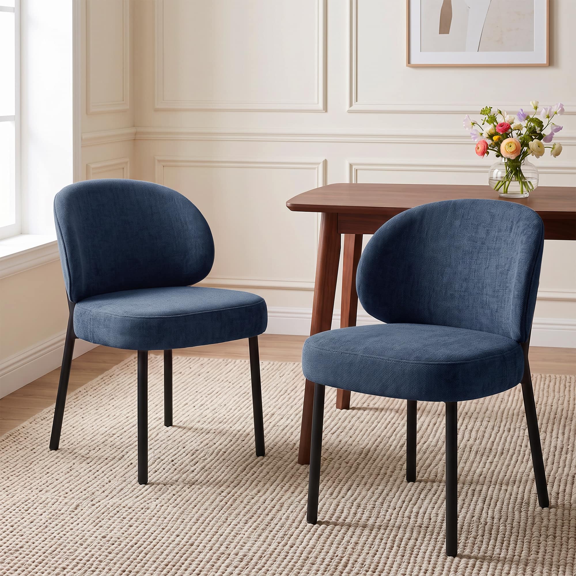 Brick Attic - Set of 2 Wide Upholstered Dining Chairs with Curved Backrest and Thick Padded Seat Office Chair for Dining Room - Blue