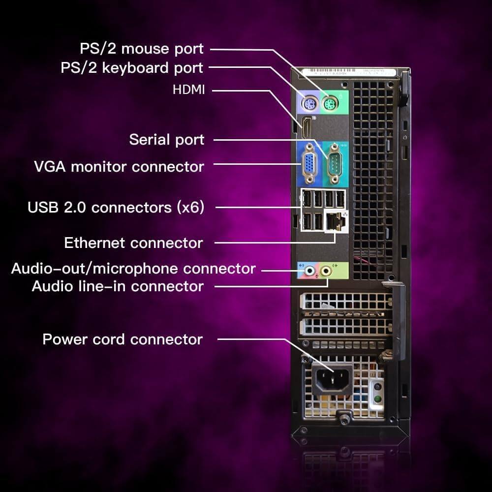 PS/2 mouse port  
PS/2 keyboard port  
HDMI  
Serial port  
VGA monitor connector  
USB 2.0 connectors (x6)  
Ethernet connector  
Audio-out/microphone connector  
Audio line-in connector  
Power cord connector