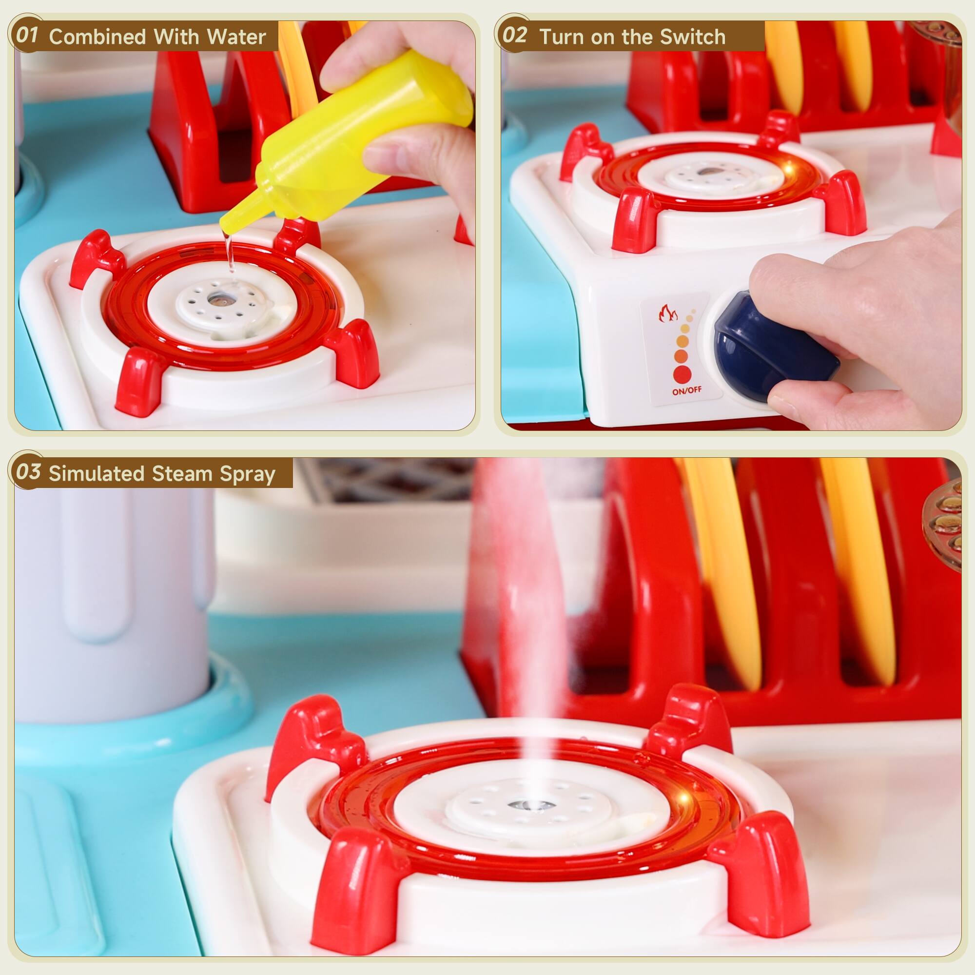 01 Combined With Water  
02 Turn on the Switch  
03 Simulated Steam Spray