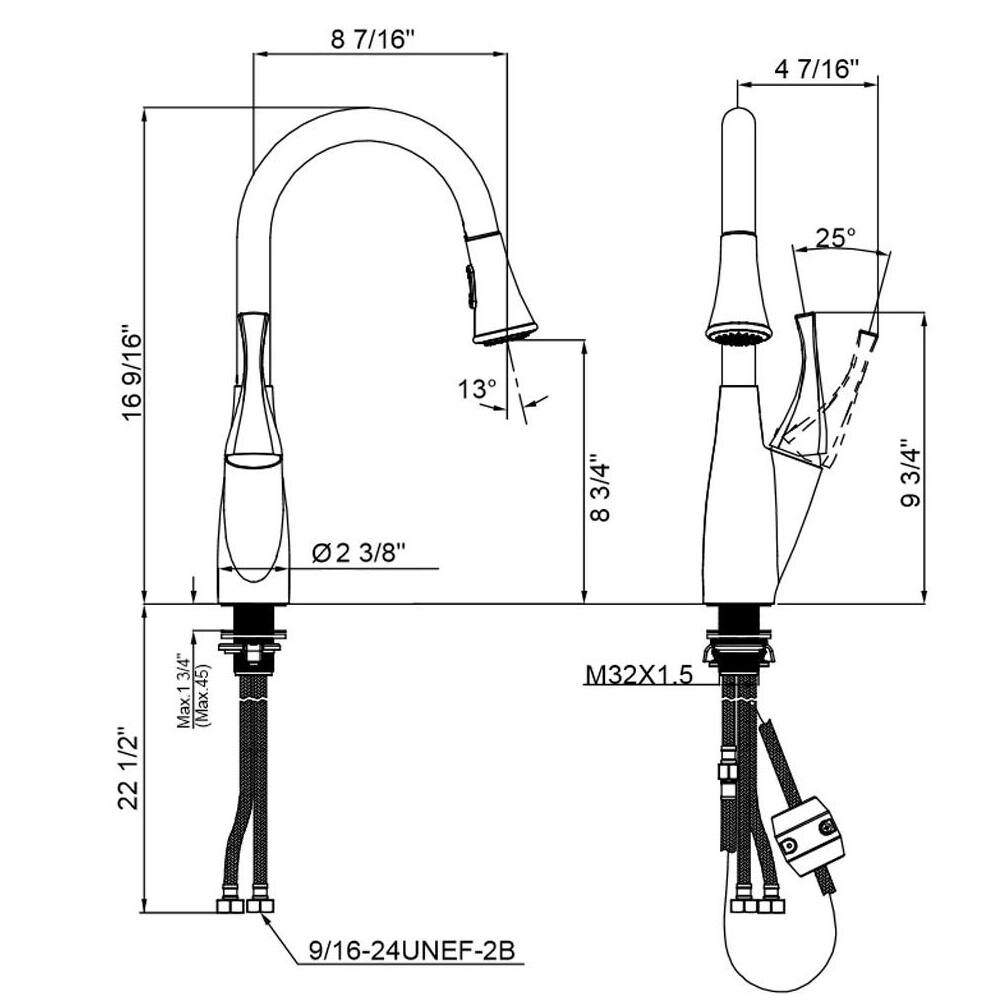 - 8 7/16"
- 4 7/16"
- 25°
- 16 9/16"
- 13°
- 8 3/4"
- 9 3/8"
- 2 3/8"
- 22 1/2"
- Max. 1 3/4" (Max. 45)
- M32X1.5
- 9/16-24UNEF-2B