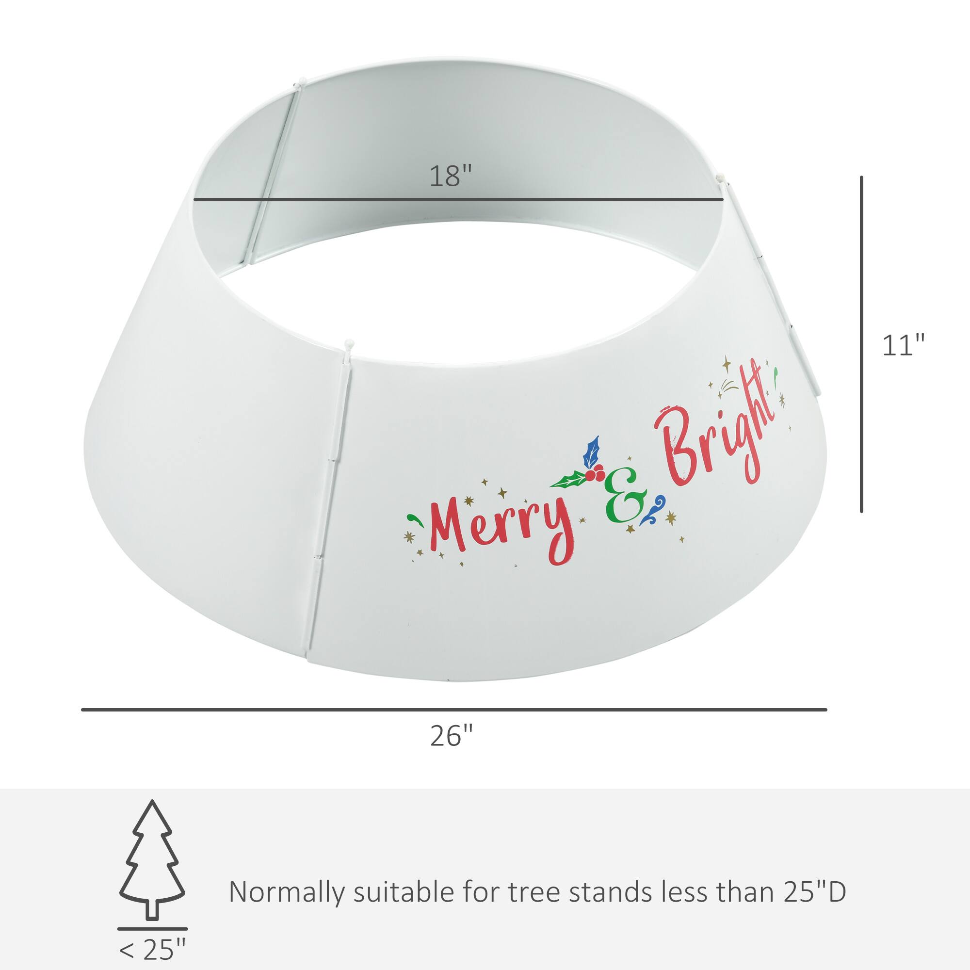 The corrected text is:

18" & 11" 26" Normally suitable for tree stands less than 25"D

The image shows a decorative banner with the text "Merry Bright" and measurements indicating its dimensions.