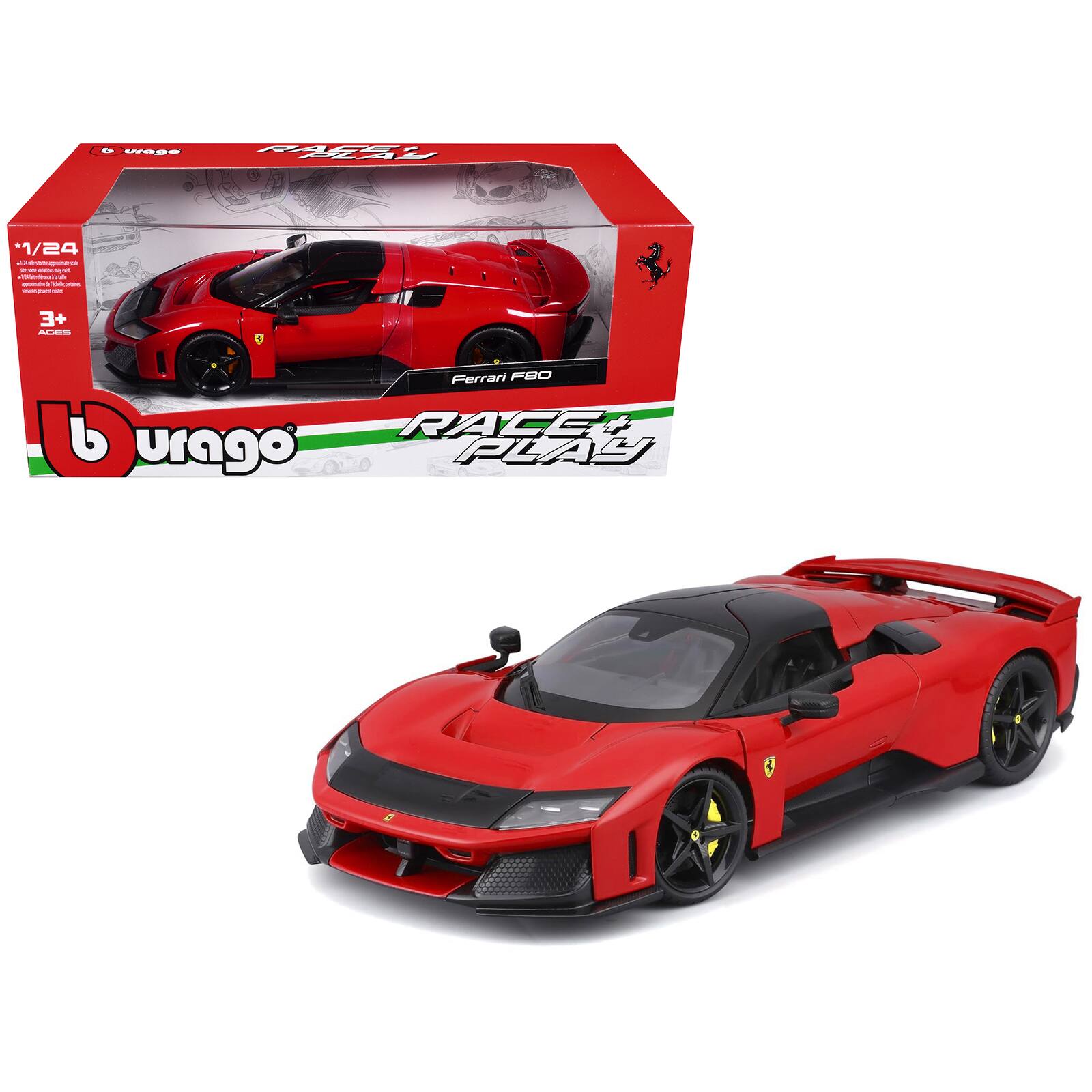 Ferrari F80 Red with Black Top "Race + Play" Series 1/24 Diecast Model Car by Bburago