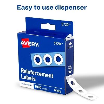 Easy to use dispenser

AVERY 5720™ Reinforcement Labels

PERMANENT 1000 LABELS White

PULL TAPE