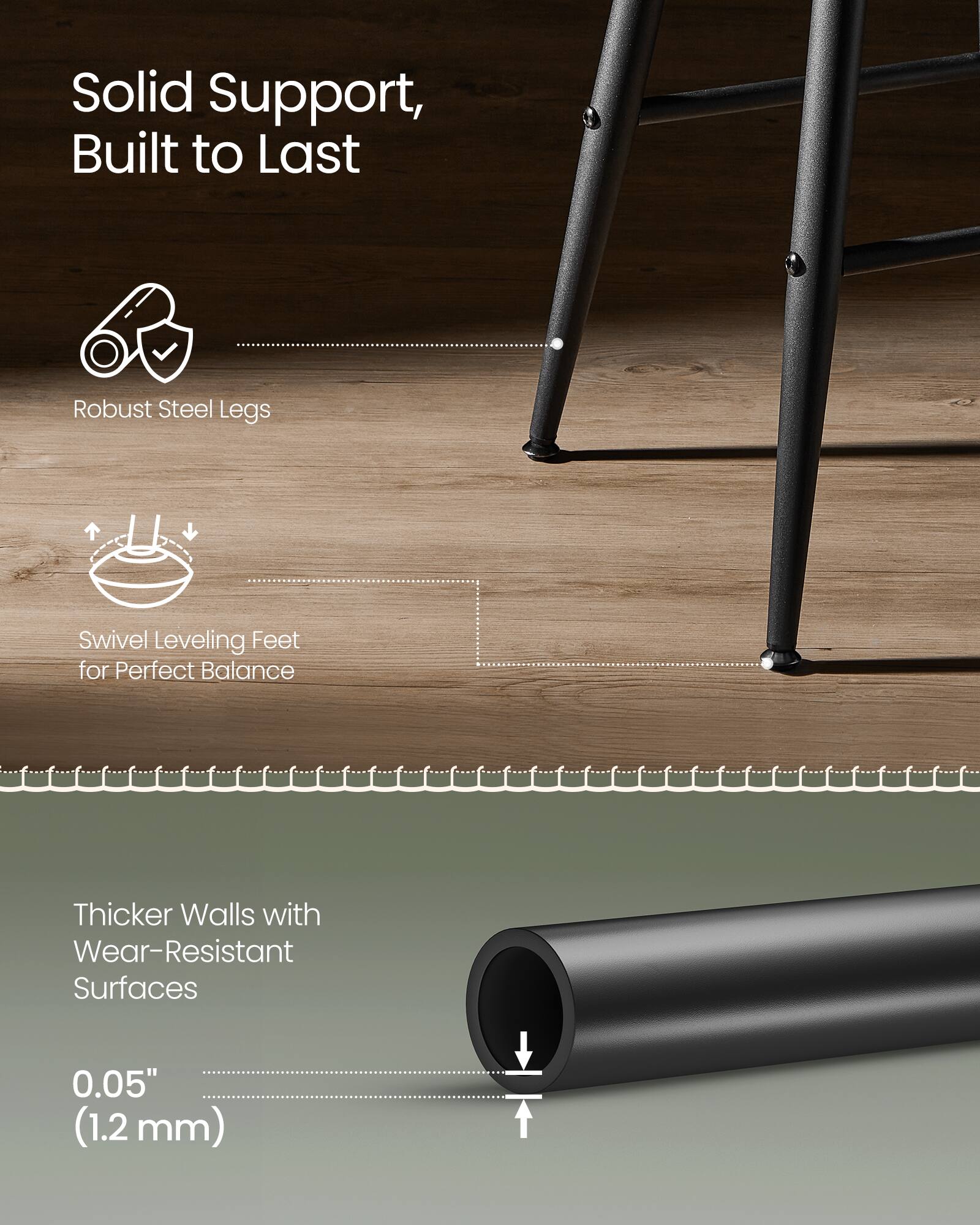 Solid Support, Built to Last  
Robust Steel Legs  
Swivel Leveling Feet for Perfect Balance  
Thicker Walls with Wear-Resistant Surfaces  
0.05" (1.2 mm)