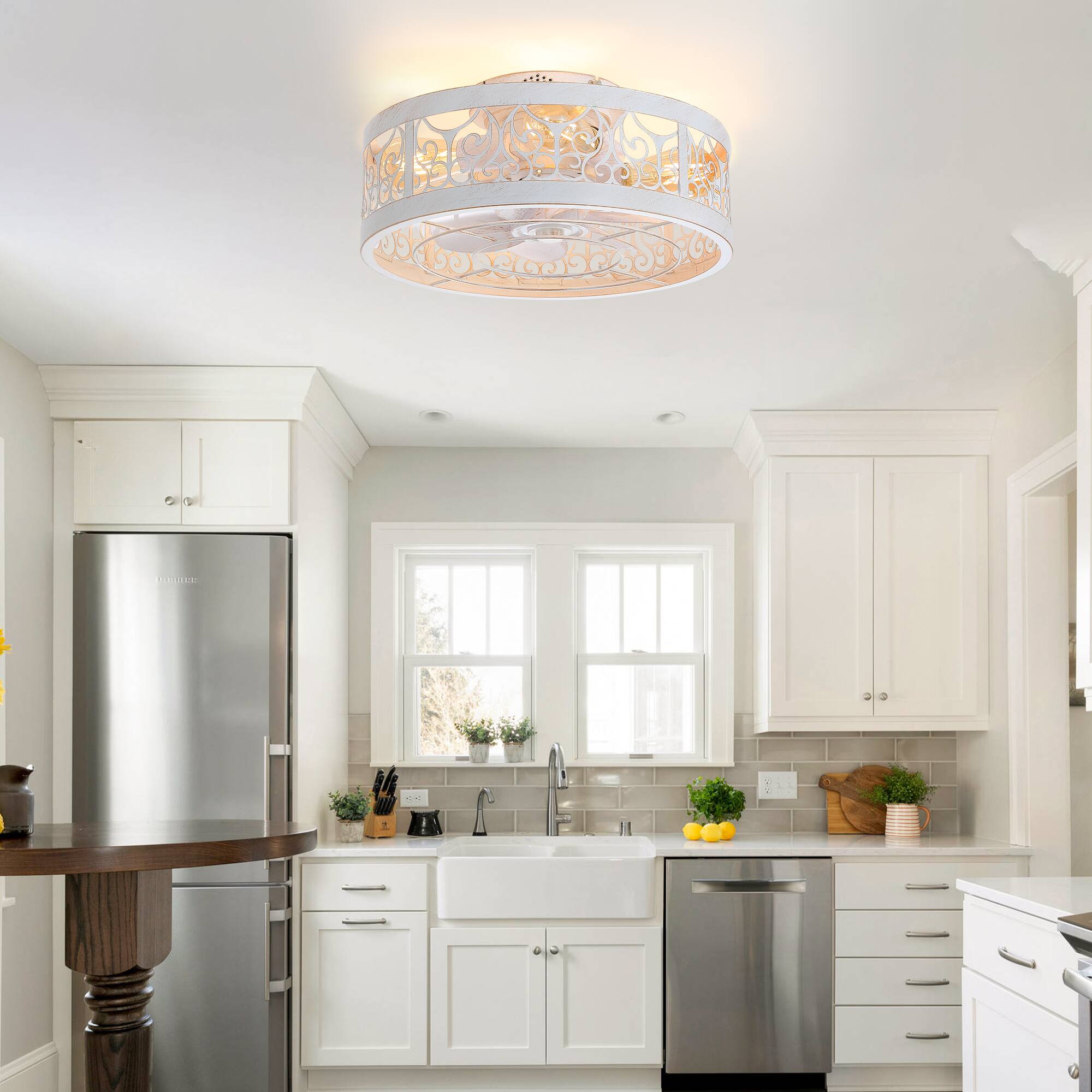 Alt View 2. Breezary - Breezary 16.5" Modern Flush Mount Caged Ceiling Fan with 7 ABS Blades, DC Motor, 6-Speed Remote Control with Timer - Distressed White and Gold.