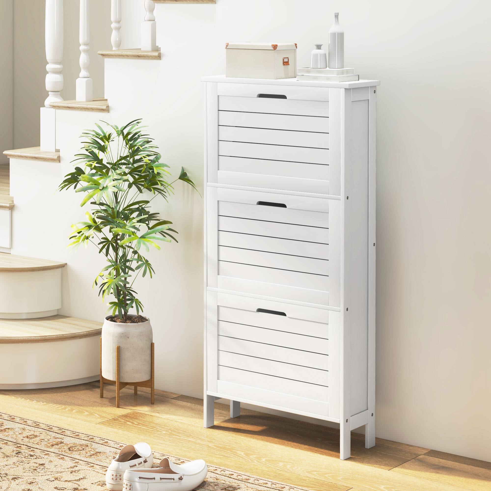 Alt View 1. Homcom - Narrow Shoe Storage Cabinet for Entryway with 3 Flip Drawers, Slim Shoe Rack Organizer with Louvered Doors - White.