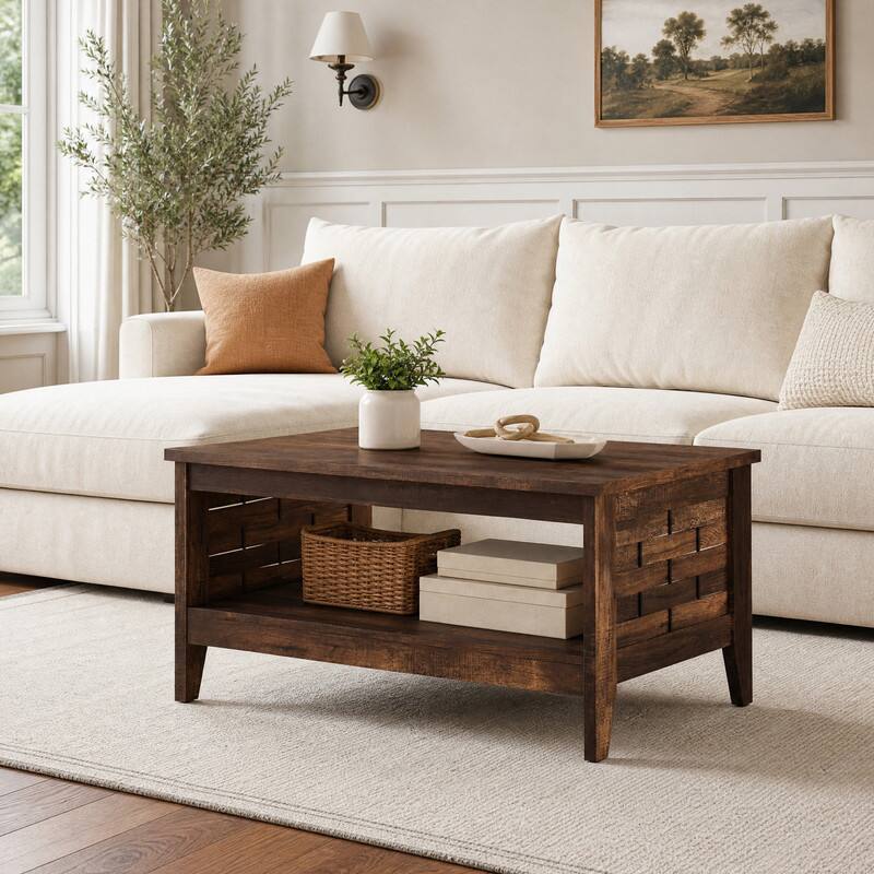 Angle. WELLFOR - 2-Tier Farmhouse Coffee Table with Open Shelf, Rectangular Center Table for Living Room - Rustic Brown.