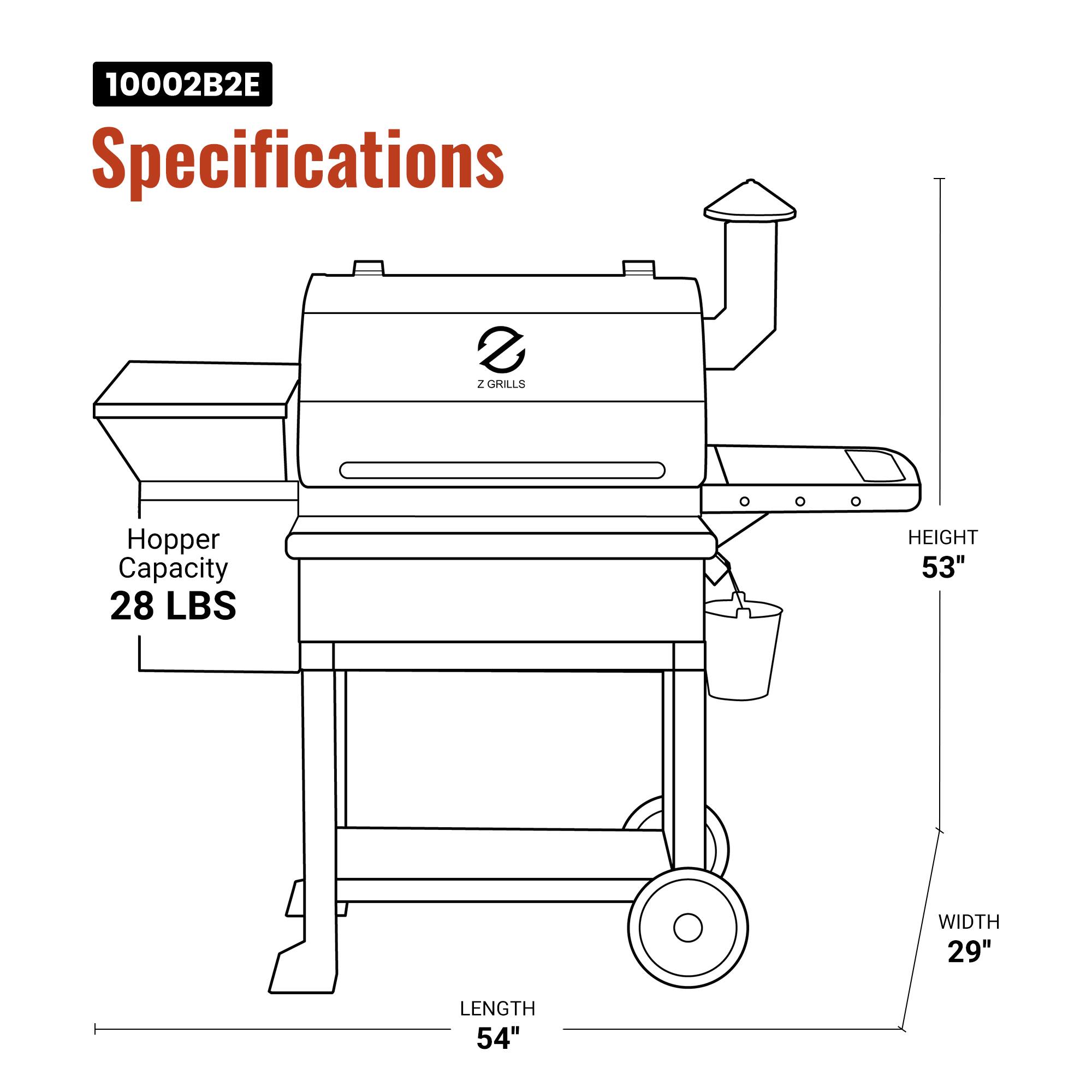 10002B2E Specifications  
- Hopper Capacity: 28 LBS  
- Height: 53"  
- Width: 29"  
- Length: 54"