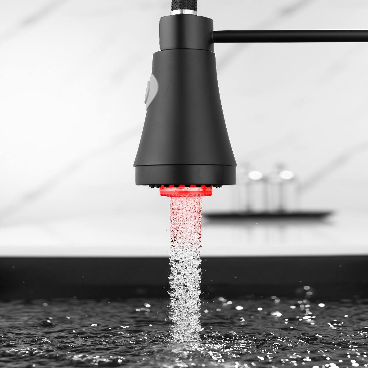Left. Ropilly - Ropilly LED Kitchen Faucet with Pull Down Sprayer, Commercial Style Single Handle Kitchen Sink Faucet, Matte Black - Black.