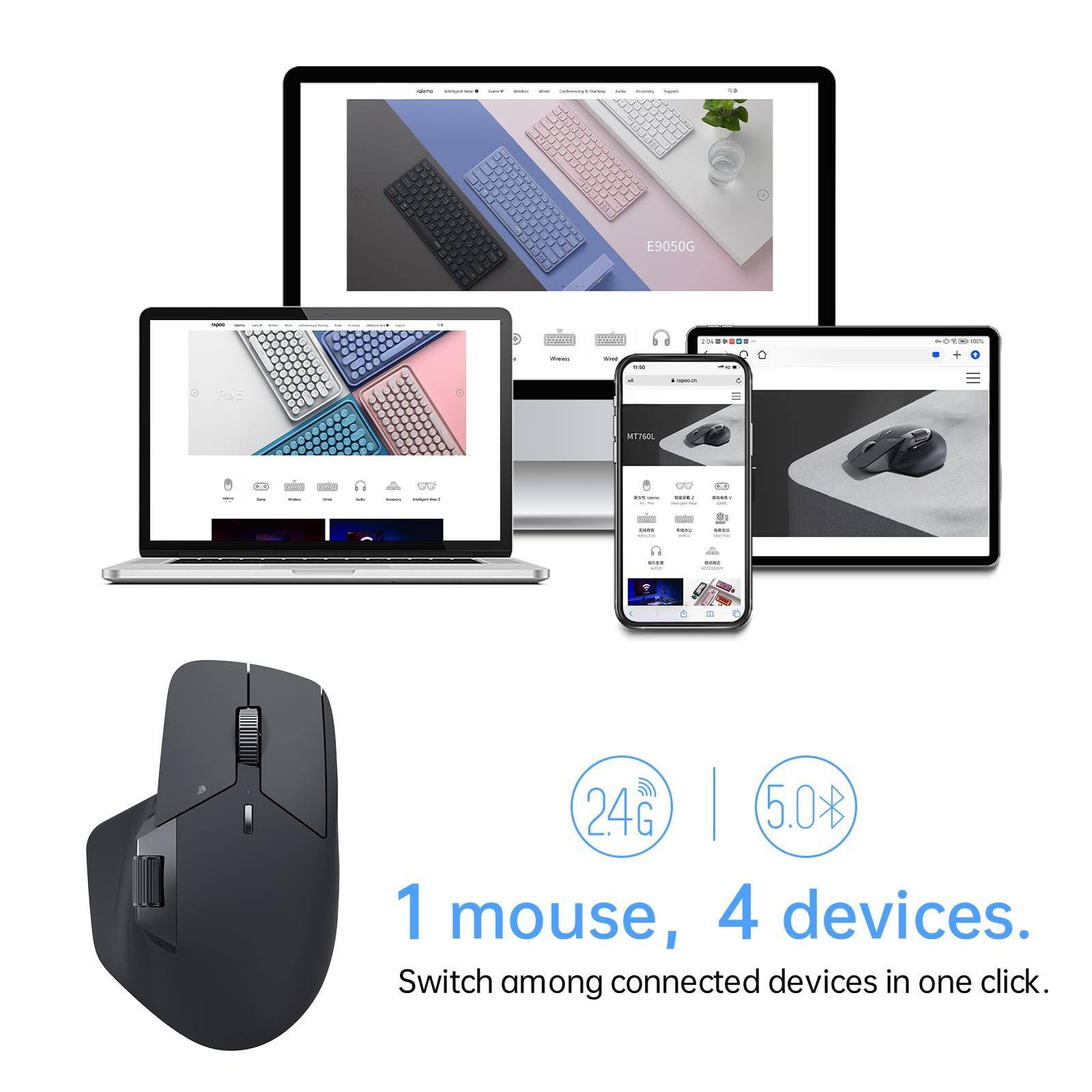 - E9050G
- 24G 5.0*
- 1 mouse, 4 devices.
- Switch among connected devices in one click.
