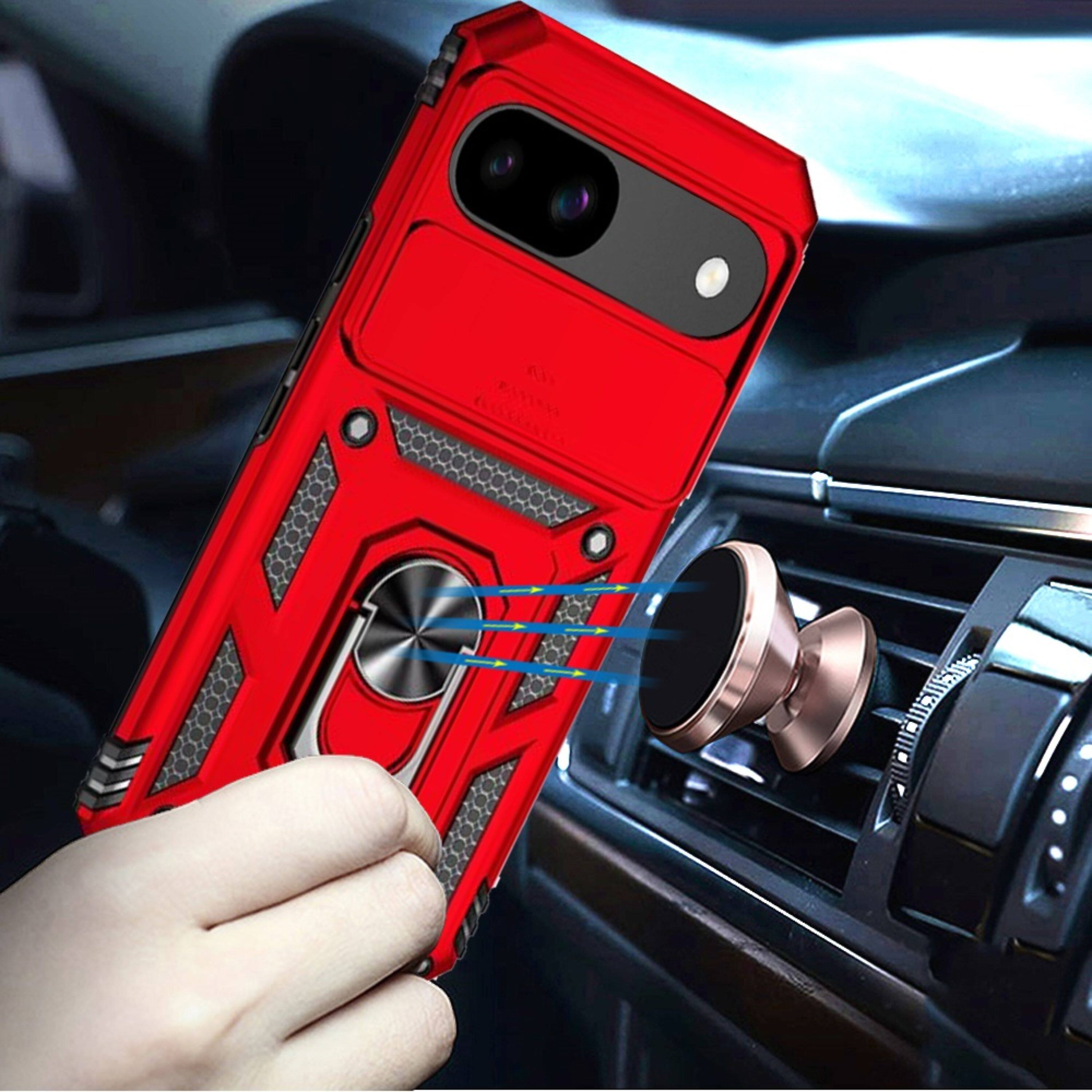 Angle. Kitcheniva - Shockproof Ring Stand Camera Lens Cover Phone Case With Tempered Glass For Google Pixel 9a Red - Red.