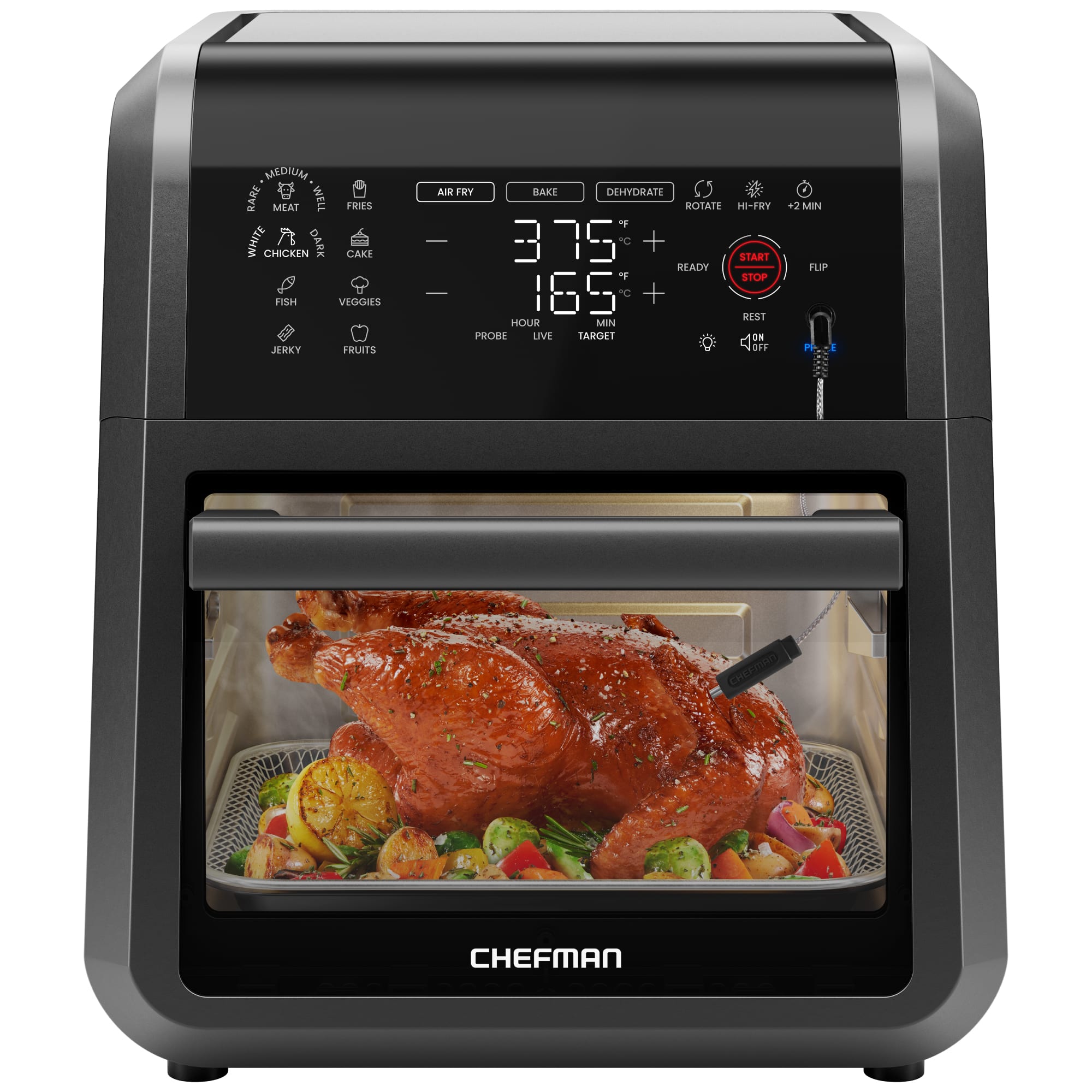 The text on the image is grouped and corrected as follows:
"Chefman" is the brand of the appliance. The appliance is designed for cooking a variety of dishes, such as fried chicken, vegetables, and jerky. It can also be used for baking and dehydrating food. The appliance has a rotating feature that helps ensure even cooking. The image shows a chicken dish being cooked in the appliance, with a timer indicating that it is cooking at 375 degrees Celsius. The appliance also has a "start ready" button and a "stop" button, as well as a "live targe off" feature.