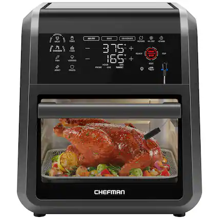 The text on the image is grouped and corrected as follows:
"Chefman" is the brand of the appliance. The appliance is designed for cooking a variety of dishes, such as fried chicken, vegetables, and jerky. It can also be used for baking and dehydrating food. The appliance has a rotating feature that helps ensure even cooking. The image shows a chicken dish being cooked in the appliance, with a timer indicating that it is cooking at 375 degrees Celsius. The appliance also has a "start ready" button and a "stop" button, as well as a "live targe off" feature.