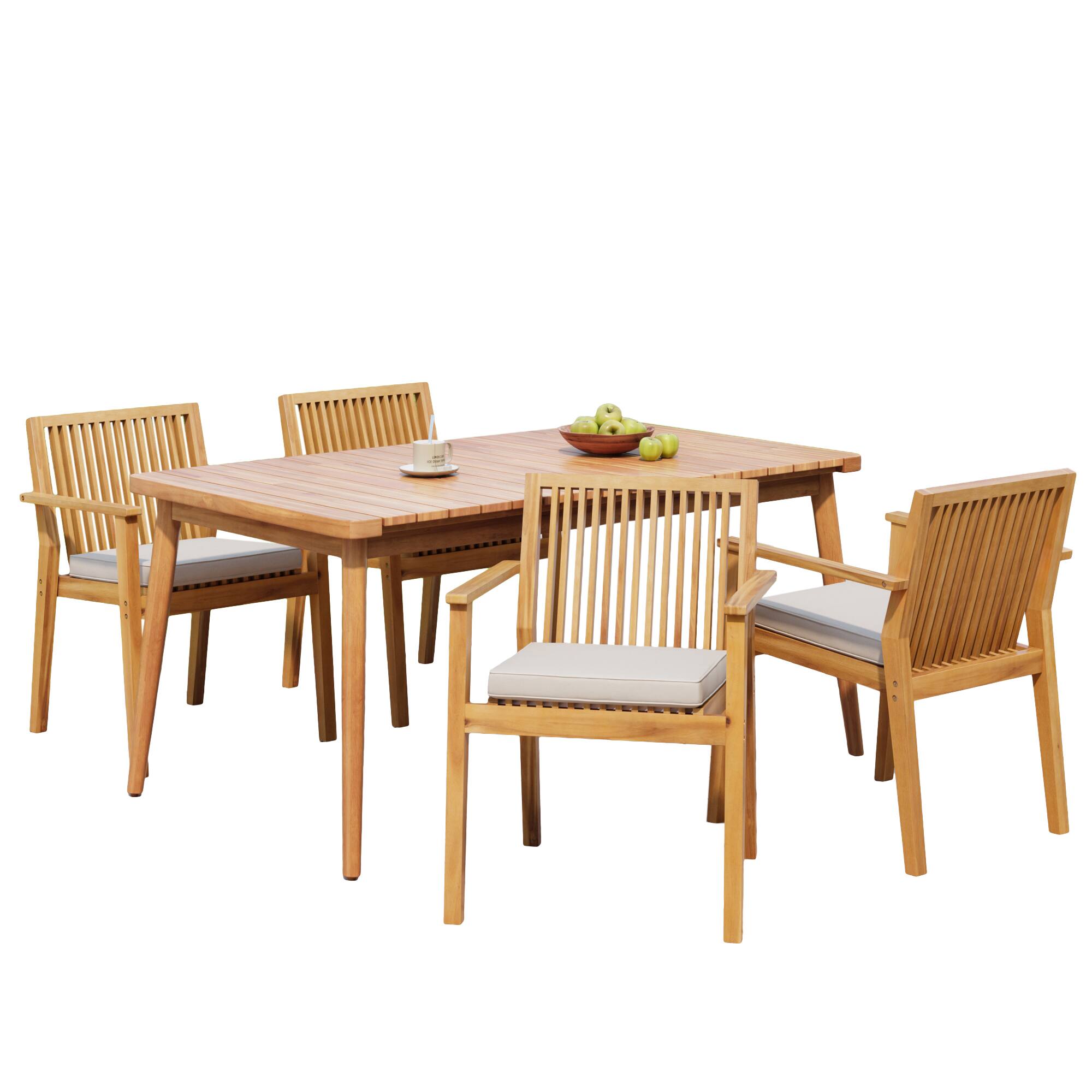 Left. Mondawe - 5-Piece Acacia Wood Outdoor Dining Set, Patio Table & Chairs with Removable Cushions - Natural+Teak.