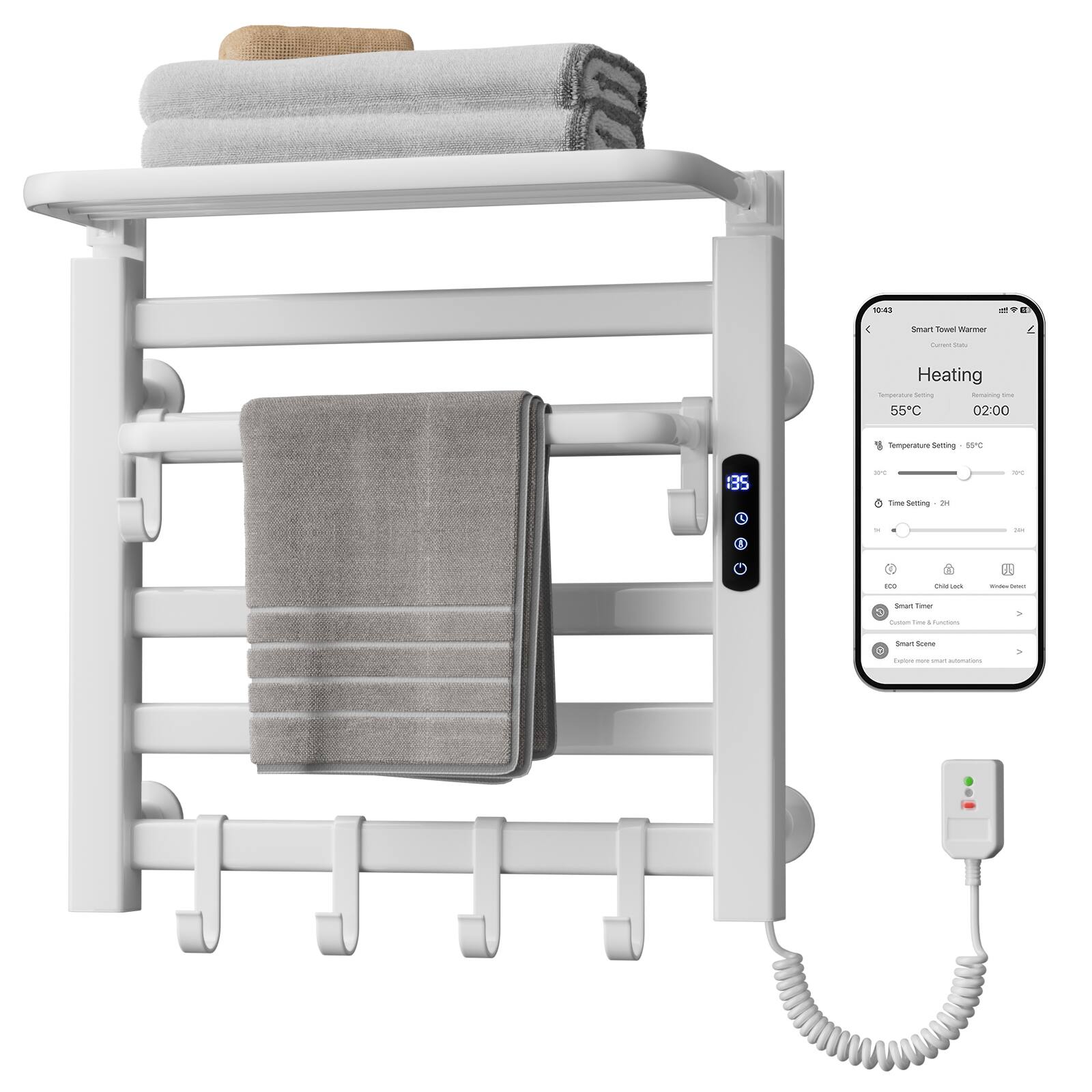 14 4 Smart Towel Warmer  
- Heating  
- Temperature: 55°C  
- Timer: 02:00  
- Temperature Setting: 55°C  
- Timer Setting: 2h  
- Child Lock  
- Video Device  
- Smart Timer  
- Custom Scene & Functions  
- Smart Scene  
- Explore more smart applications