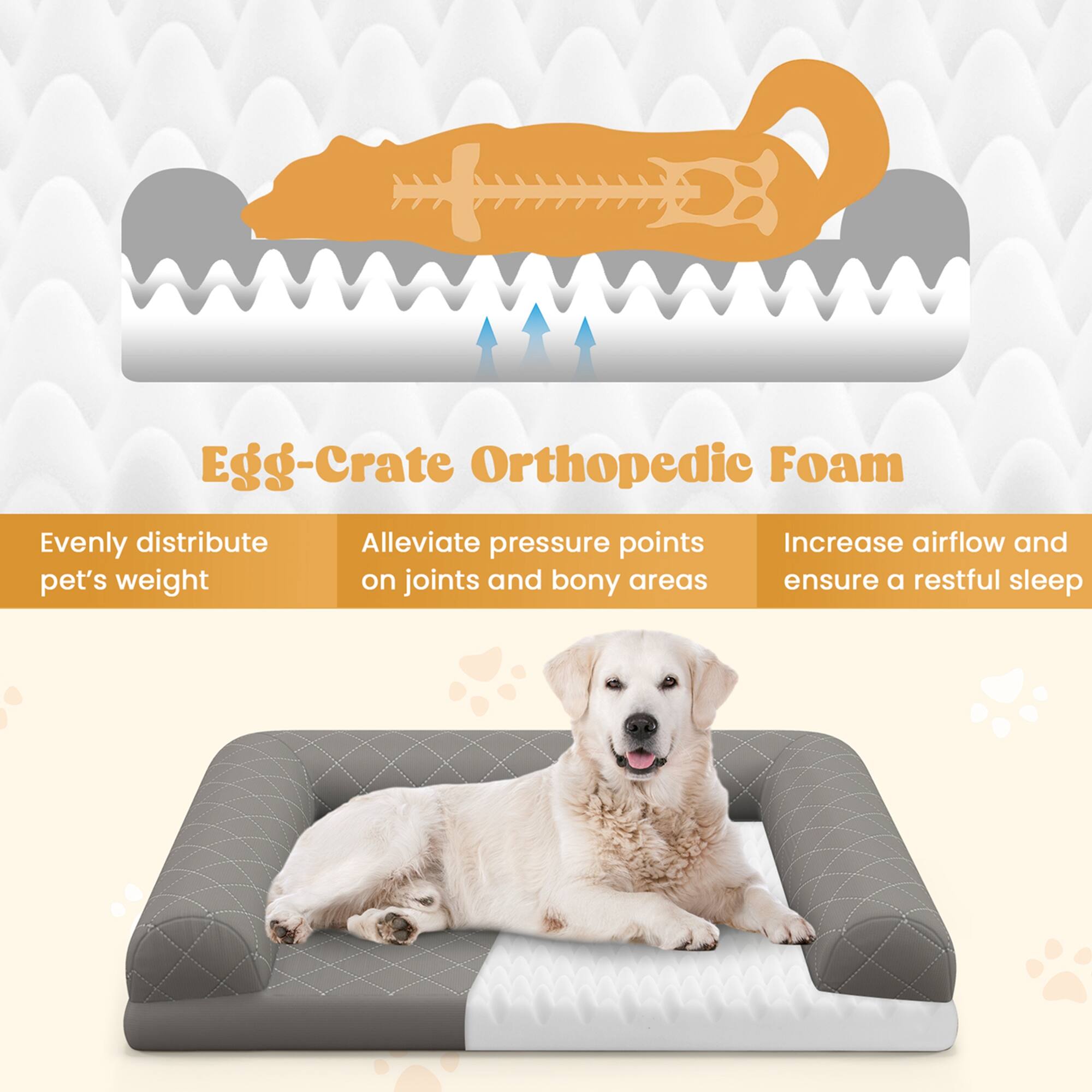Egg-Crate Orthopedic Foam

- Evenly distribute pet's weight
- Alleviate pressure points on joints and bony areas
- Increase airflow and ensure a restful sleep