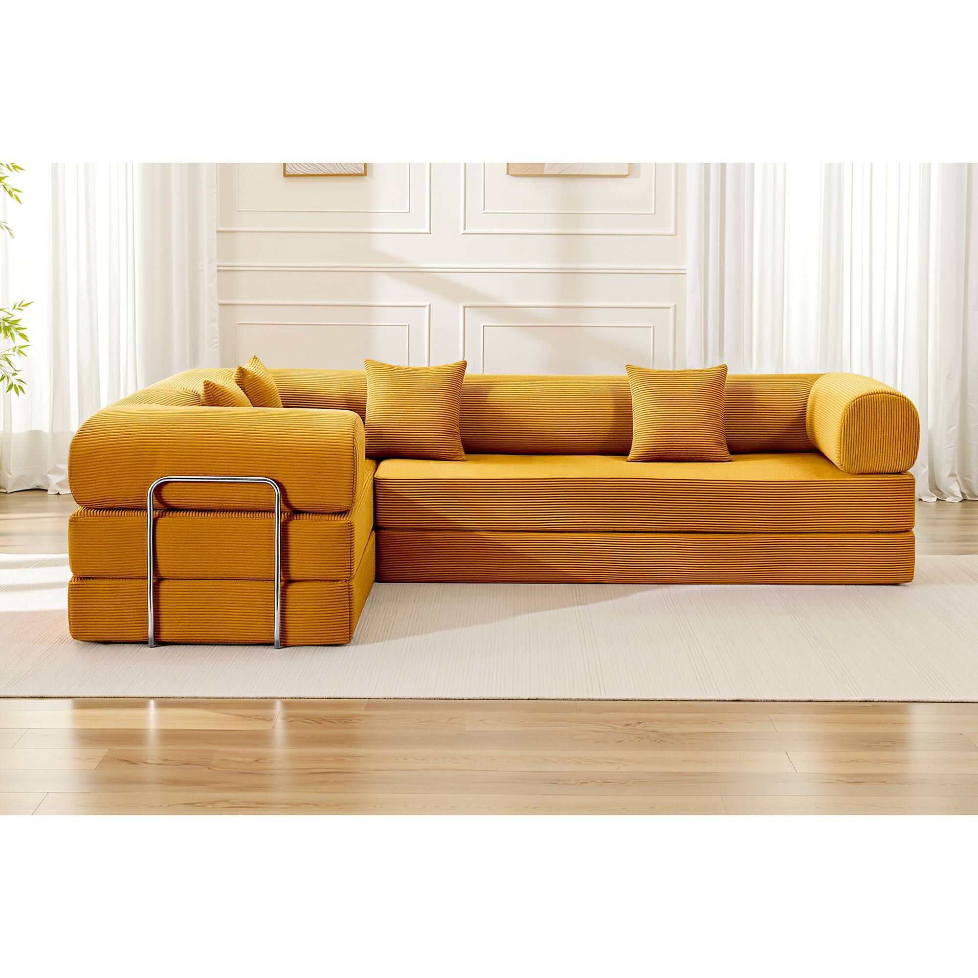 Alt View 8. KERDOM - Upholstered L Shaped Modular Sofa Bed with Chaise, Corduroy Folding Floor Convertible Sofa Couch Bed for Living Room - Ginger Yellow.