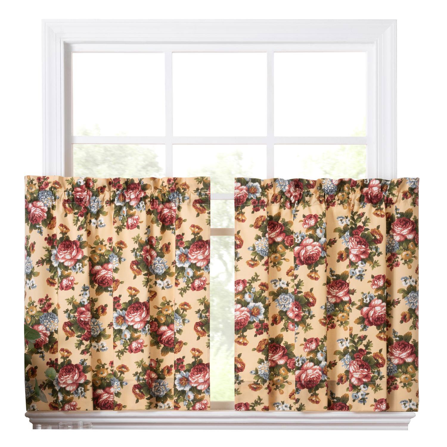 Front. Ellis Curtain - Ellis Bella Rose Stylish Medium Scale Printed Floral Pattern 1.5" Rod Pocket Tier for Windows 56"x24" Butter - Butter.