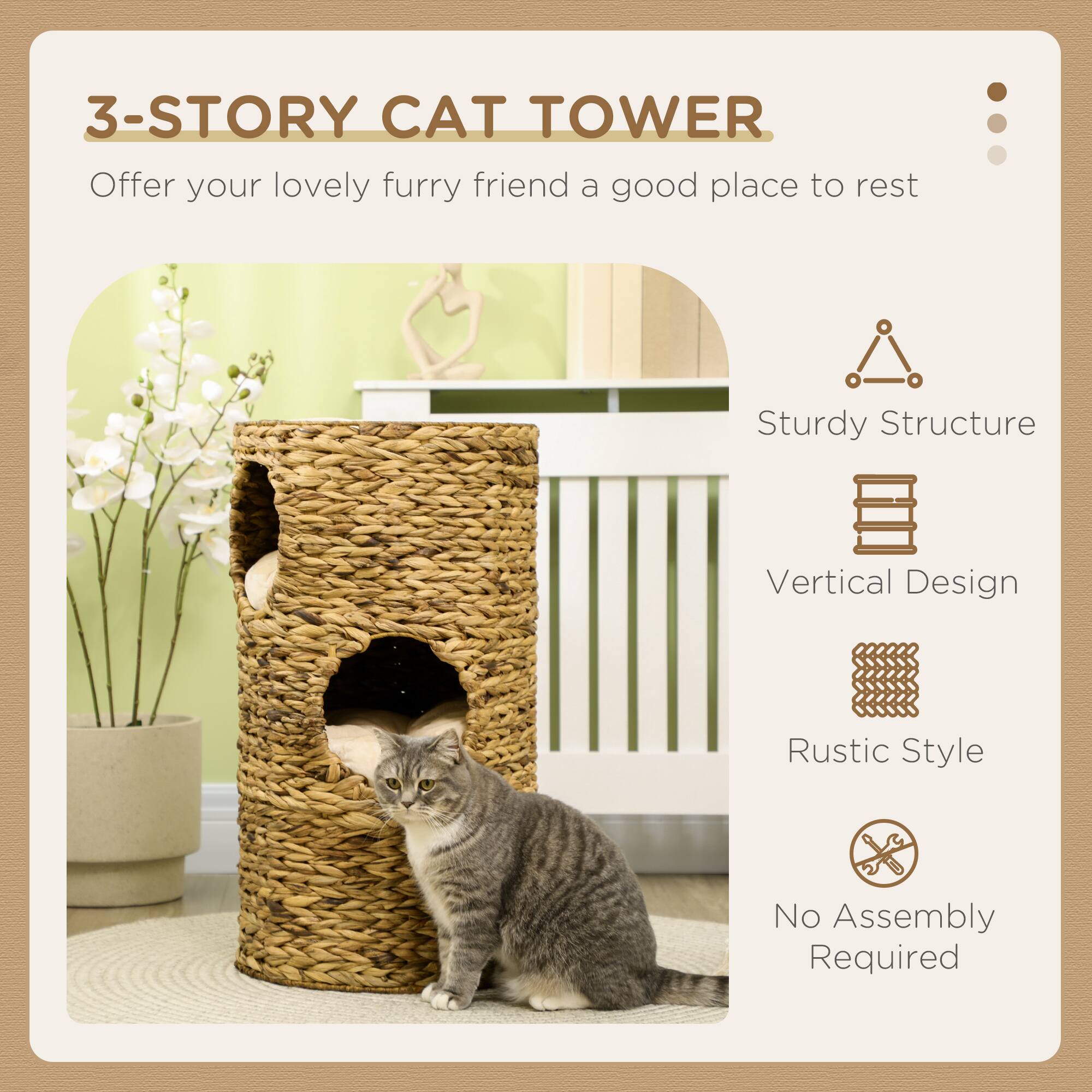 3-STORY CAT TOWER  
Offer your lovely furry friend a good place to rest  

- Sturdy Structure  
- Vertical Design  
- Rustic Style  
- No Assembly Required