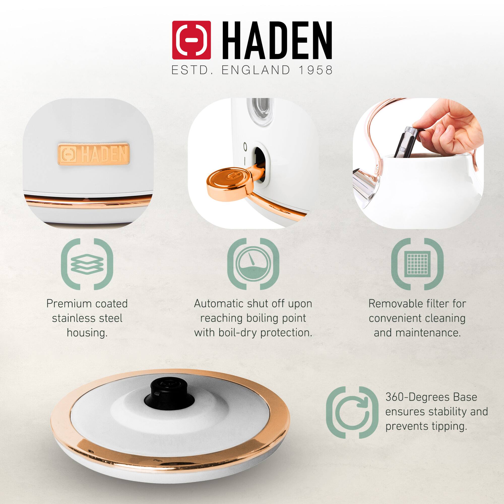 HADEN  
ESTD. ENGLAND 1958  

- Premium coated stainless steel housing.  
- Automatic shut off upon reaching boiling point with boil-dry protection.  
- Removable filter for convenient cleaning and maintenance.  
- 360-Degrees Base ensures stability and prevents tipping.