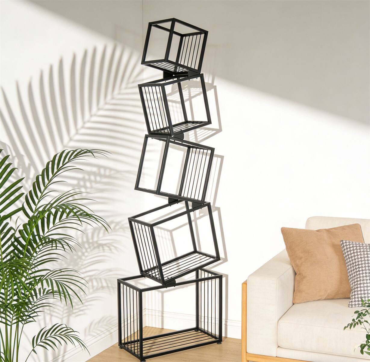 Angle. HTUTWOO - 5-Tier Metal Geometric Bookshelf - Modern Narrow Floor Bookcase, Space-Saving Corner Organizer for Living Room Bedroom - Black.