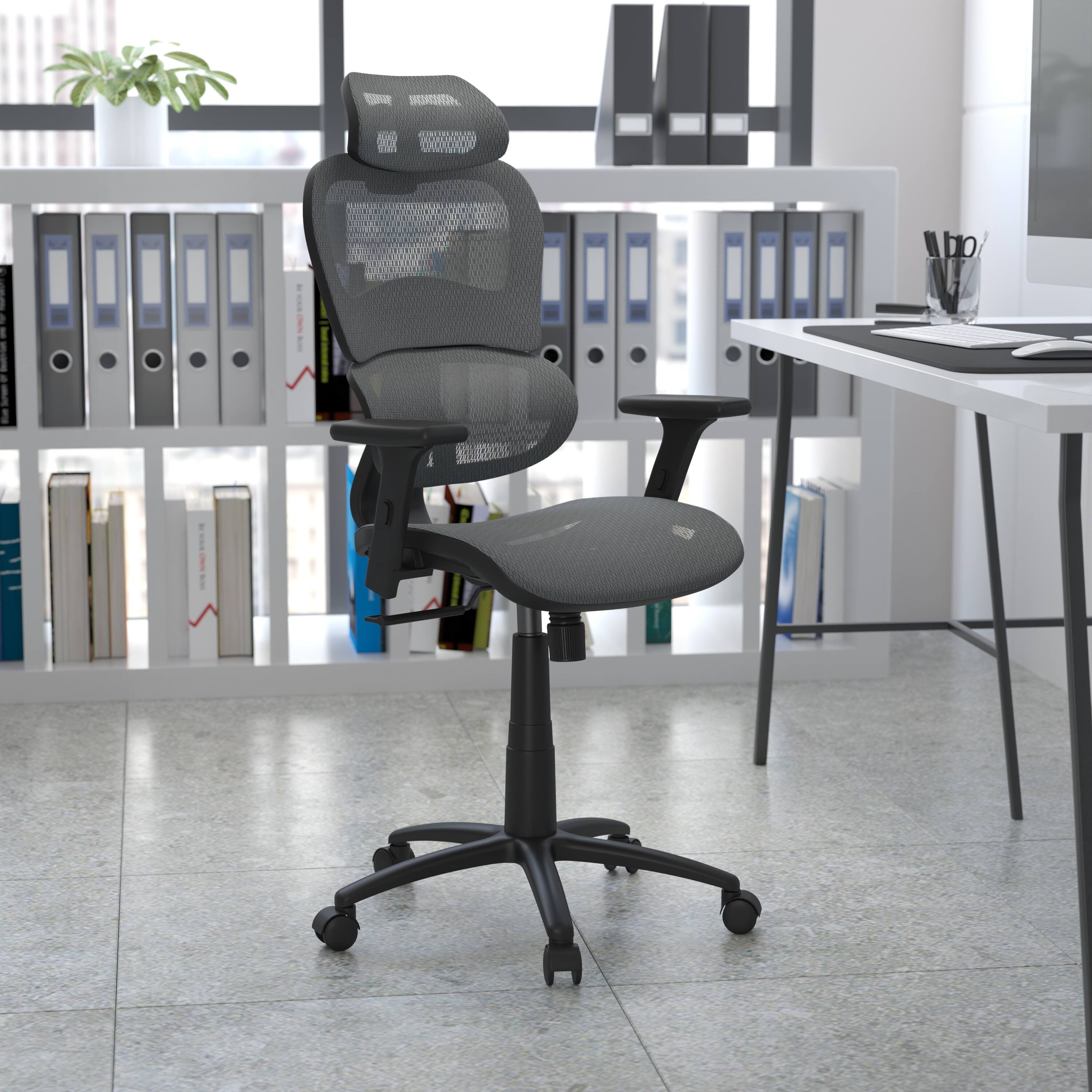 Alt View 1. Emma + Oliver - Ergonomic Mesh Office Chair-Synchro-Tilt, Headrest, Adjustable Pivot Arms - Gray.