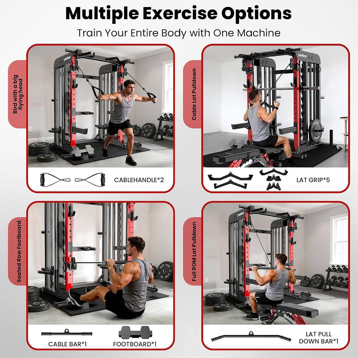 big a with Bird head flying

Multiple Exercise Options Train Your Entire Body with One Machine

CABLEHANDLE*2
LAT GRIP*5
Footboard Row Seated
CABLE BAR*1
FOOTBOARD*1
LAT PULL DOWN BAR*1