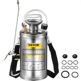 VEVOR - 1.5Gal Stainless Steel Sprayer, Set with 16\" Wand& Handle& 3.3FT Reinforced Hose, Hand Pump Sprayer with Pressure Gauge - White