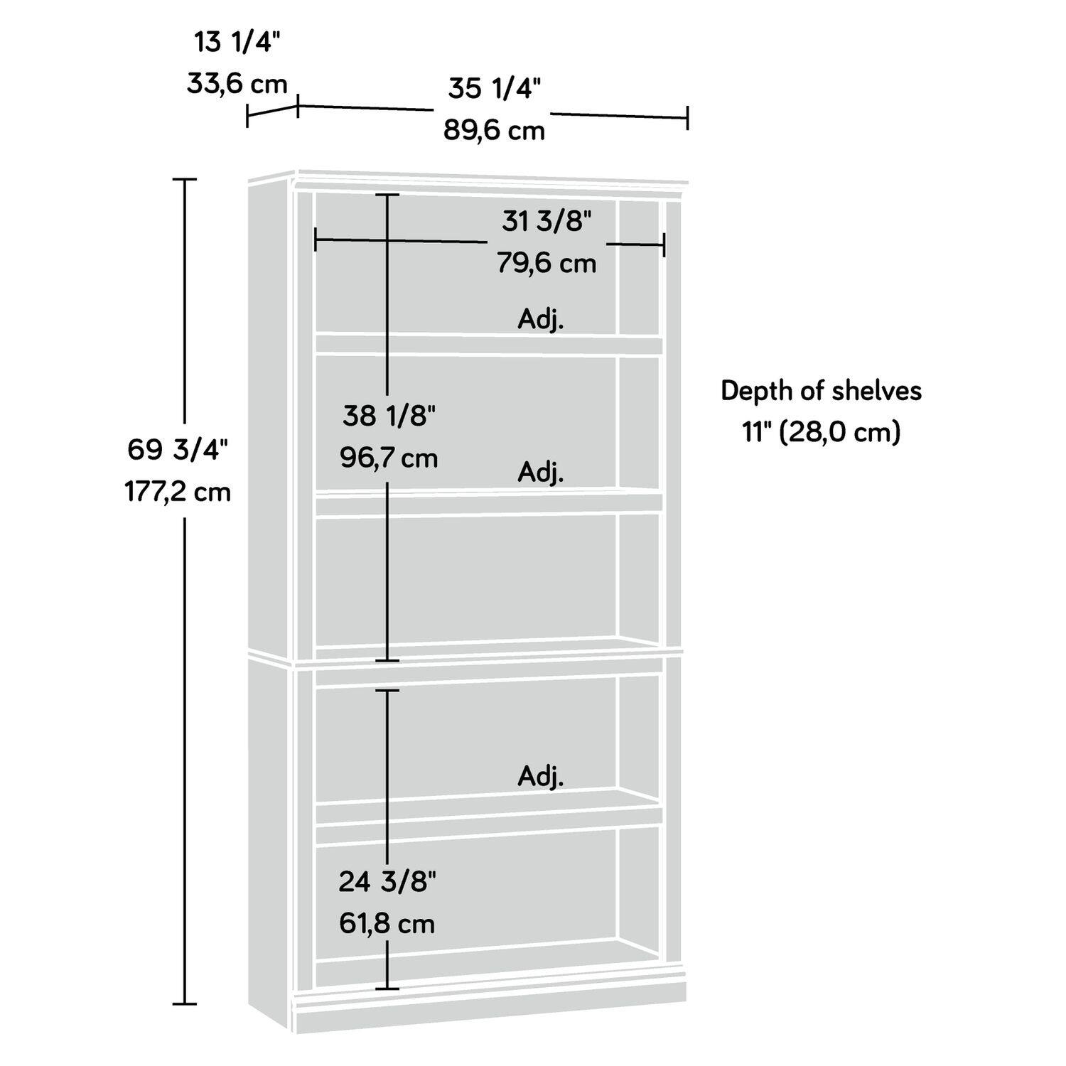13 1/4" 33,6 cm  
35 1/4" 89,6 cm  
31 3/8" 79,6 cm  
Adj.  
69 3/4" 177,2 cm  
38 1/8" 96,7 cm  
Adj.  
Depth of shelves 11" (28,0 cm)  
Adj.  
24 3/8" 61,8 cm