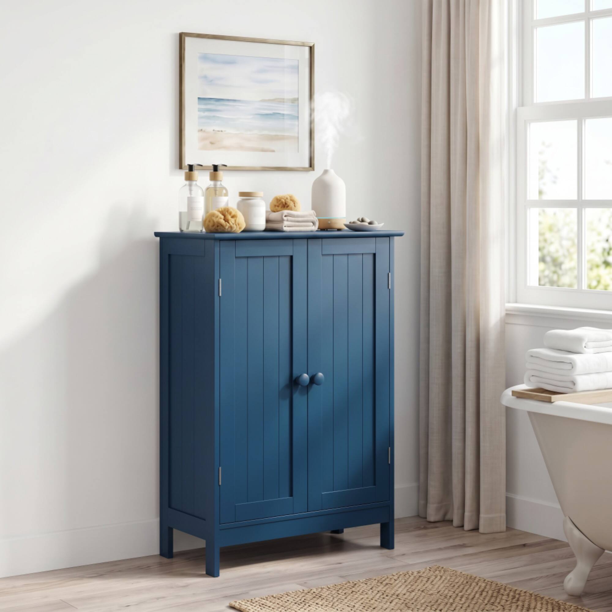 Alt View 4. Costway - Costway Bathroom Cabinet, Wooden Storage Cabinet with 2 Doors & 3-Level Adjustable Shelf - Prussian Blue.