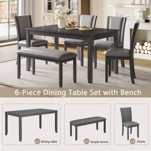 6-Piece Dining Table Set with Bench x 1 Dining table x 1 Simple bench x 4 Chairs