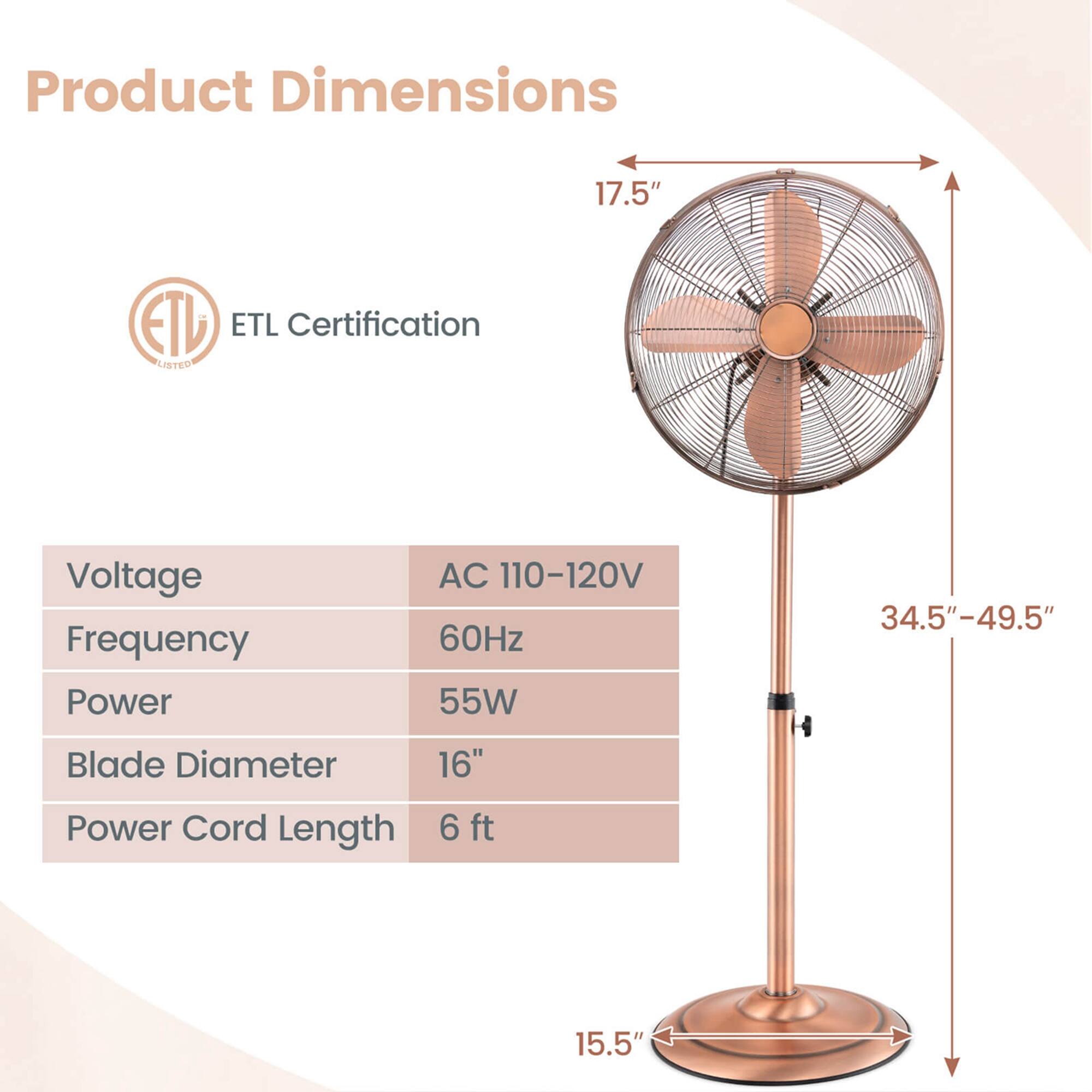 Product Dimensions: 17.5"
ETL Certification: LISTED
Voltage: AC 110-120V
Frequency: 60Hz
Power: 55W
Blade Diameter: 16"
Power Cord Length: 6 ft
Blade Length: 15.5"