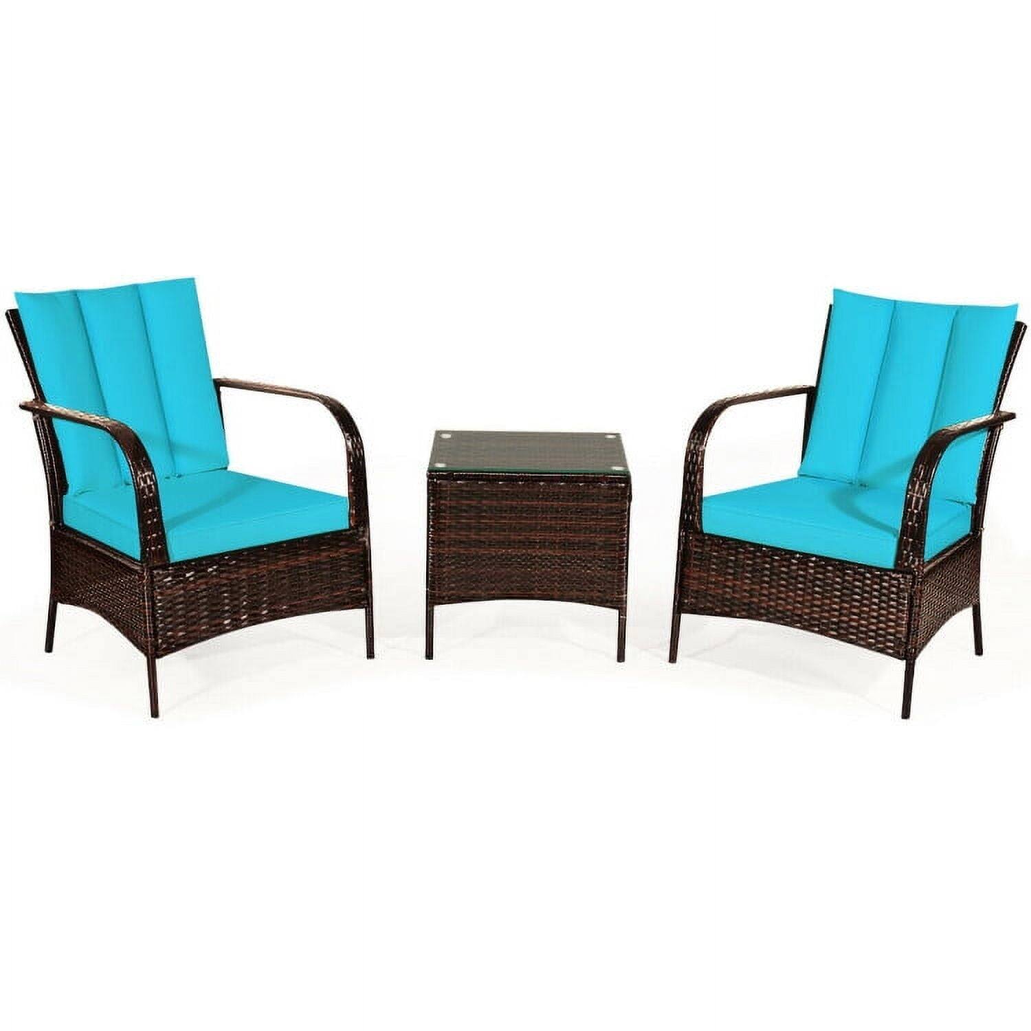 Alt View 4. Kadyn - 3 Pcs Patio Conversation Rattan Furniture Set with Glass Top Coffee Table and Cushions-Turquoise - Blue.
