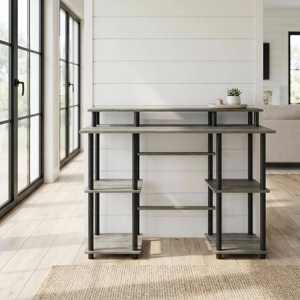 Angle. BisonOffice - Grey Computer Desk With Top Shelf And Sleek Modern Design For Home Office Use - French Oak Grey/Black.