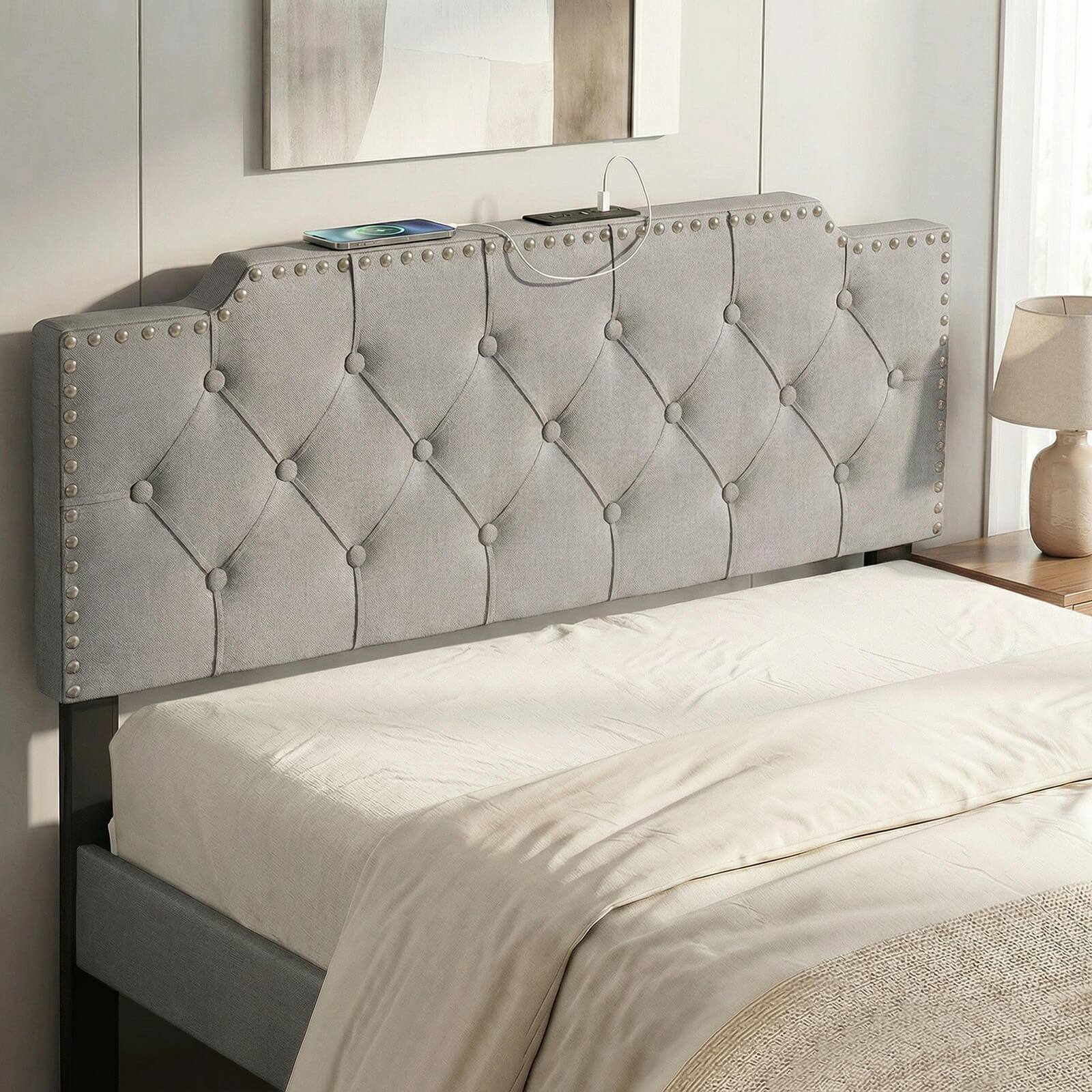 Alt View 4. Costway - Costway Headboard for Queen and Full Size Bed, Rivet Tufted Upholstered Head Board - Gray.