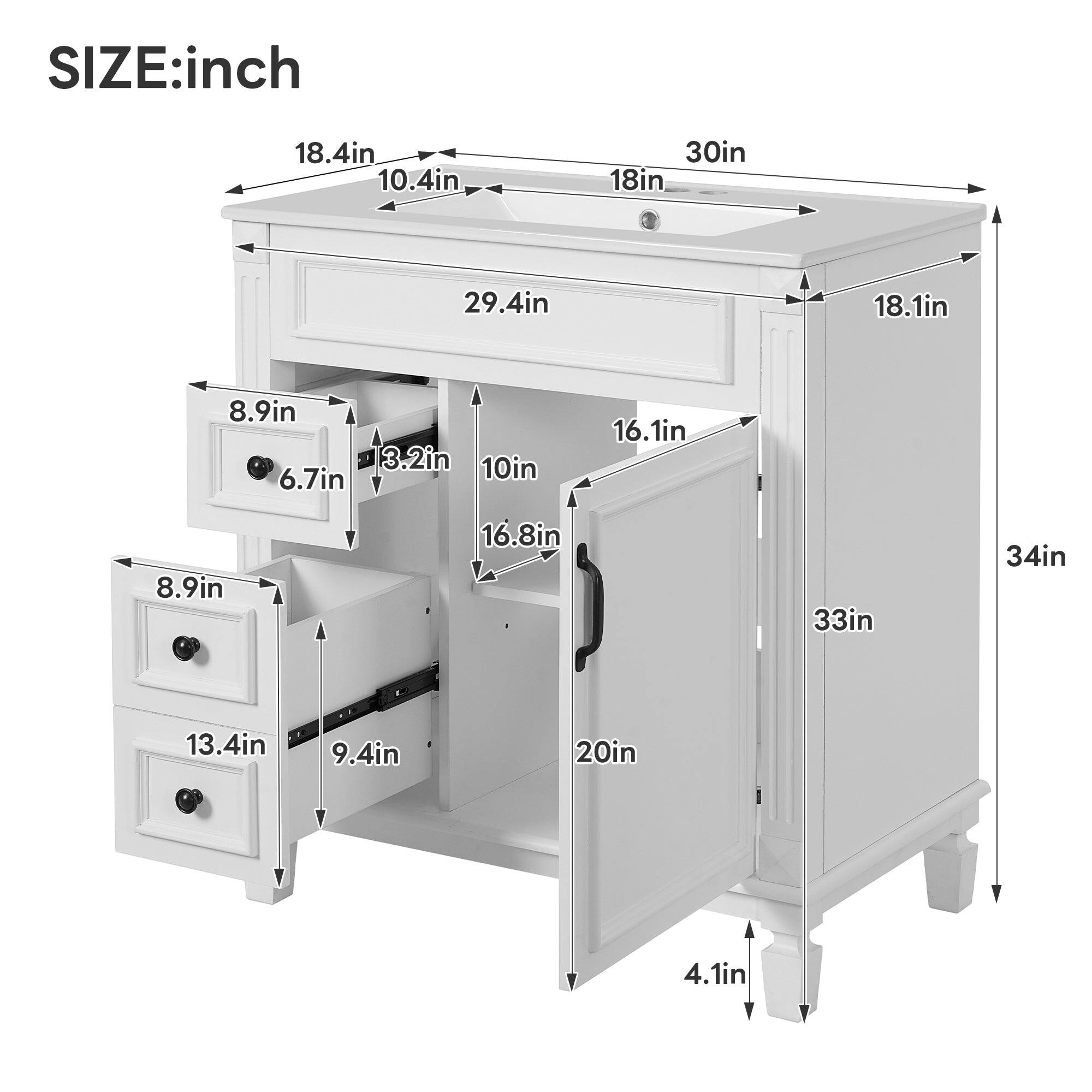 SIZE: inch  
18.4in 10.4in 30in 18in 29.4in 18.1in 8.9in 3.2in 10in 6.7in 16.1in 8.9in 16.8in 33in 34in 13.4in 9.4in 20in 4.1in