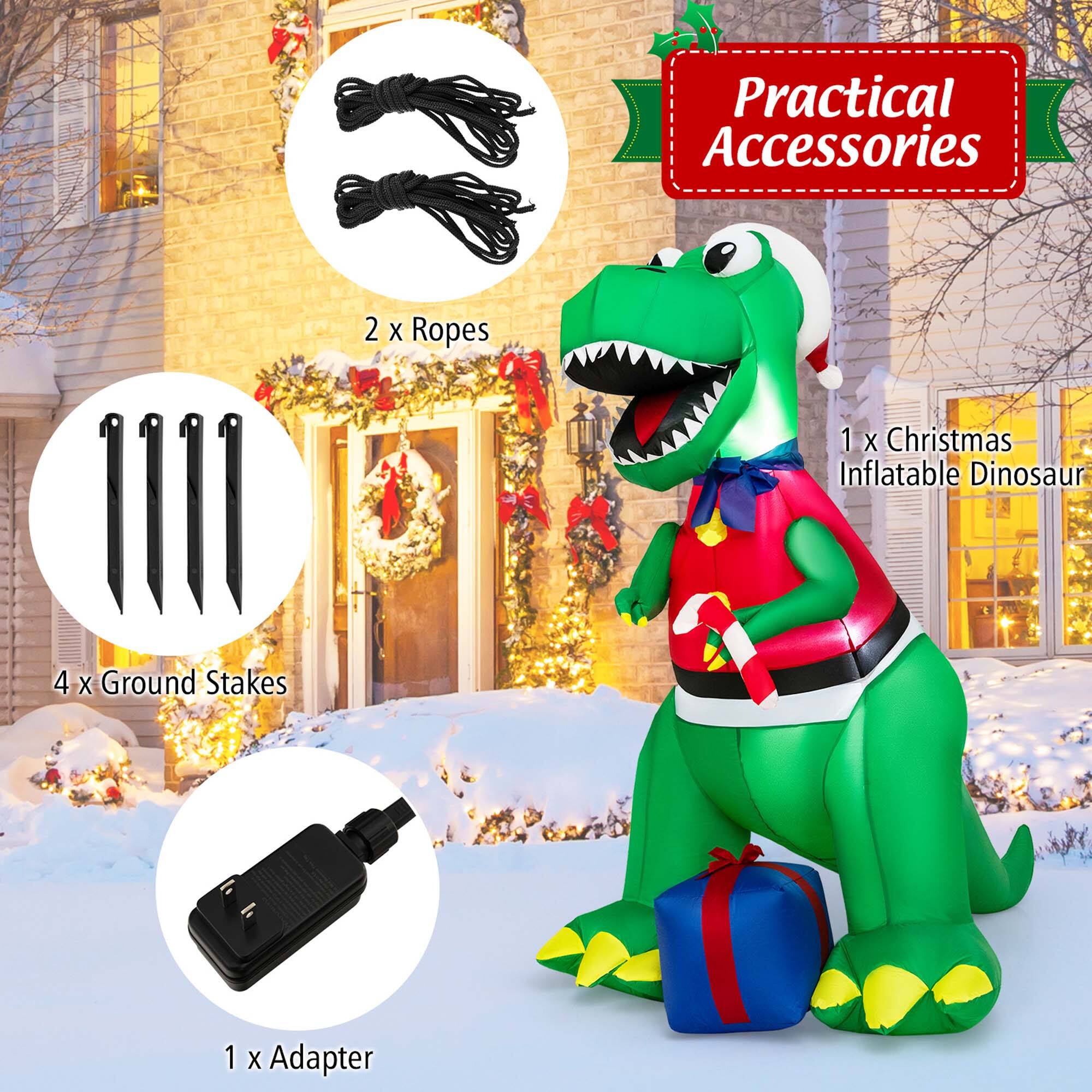 Practical Accessories: 2 x Ropes, 1 x Christmas Inflatable Dinosaur, 4 x Ground Stakes, 1 x Adapter