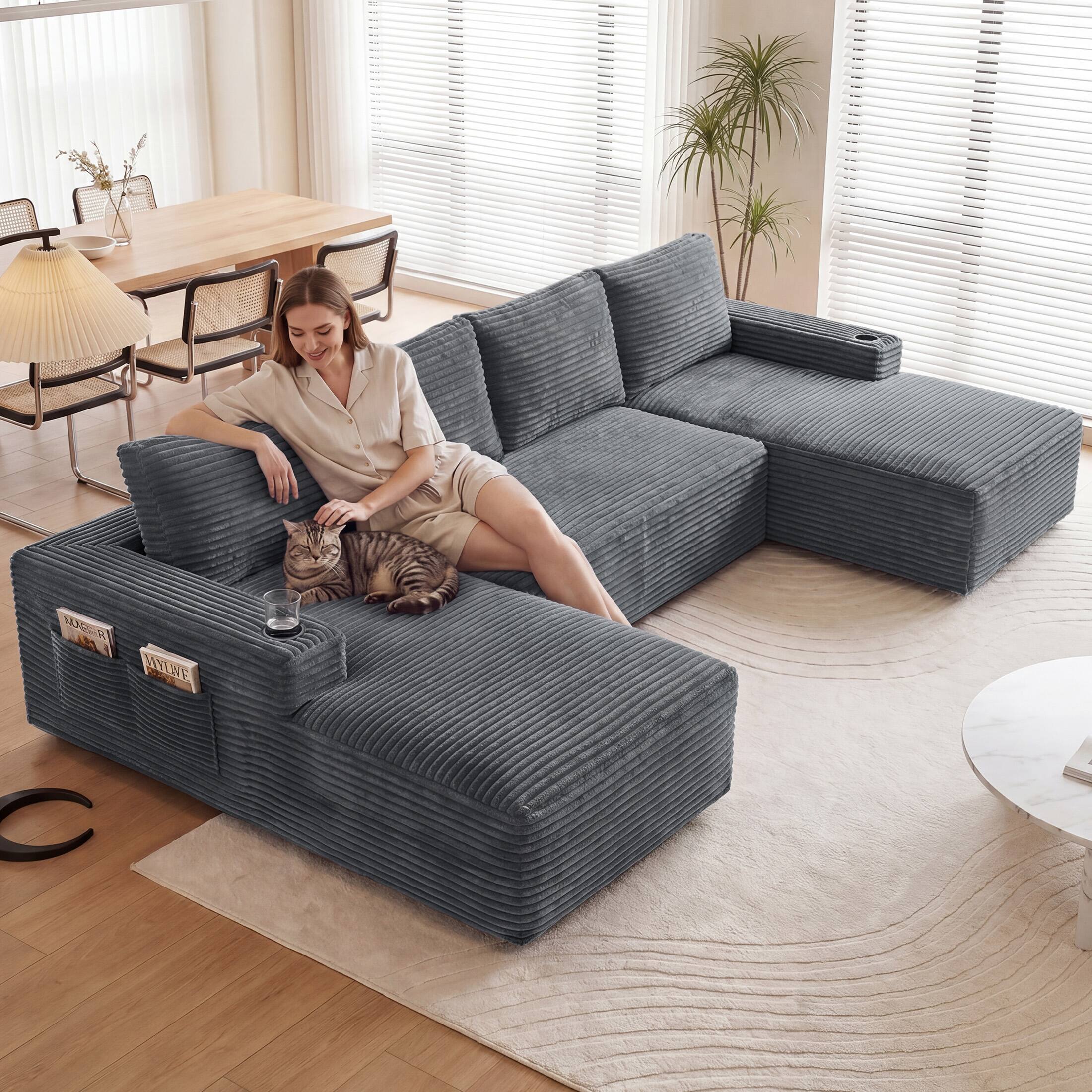 Angle. Anysun - Compressible U-Shaped Sectional Sofa Set – Minimalist Style Modular Sofa, Corduroy Fabric Cloud Couch for Living Room - Grey.