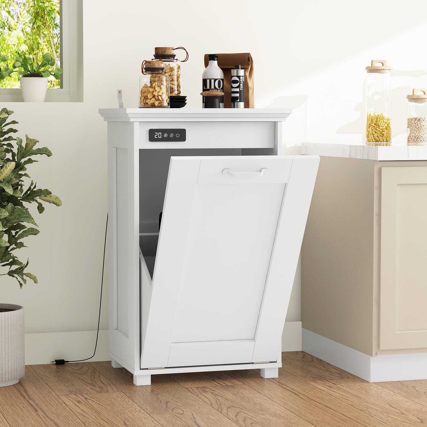 Alt View 9. Famapy - 10 Gallon Tilt-Out Kitchen Trash Cabinet with Ozone Odor Control, Hidden Garbage Bin Storage, Wooden Deodorizing Cabinet - White.