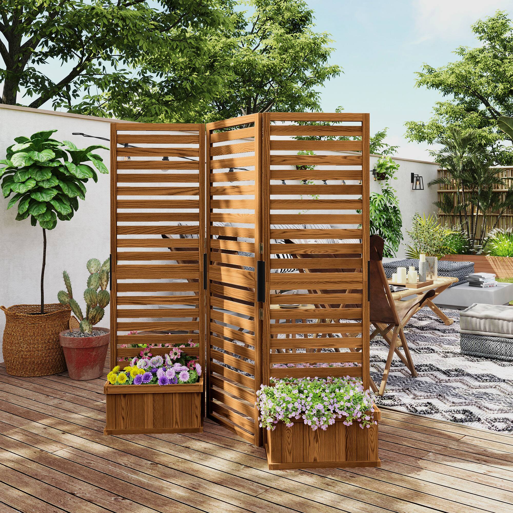 Alt View 1. Outsunny - Wood Privacy Screen w/ 4 Planter Box - Natural Wood.