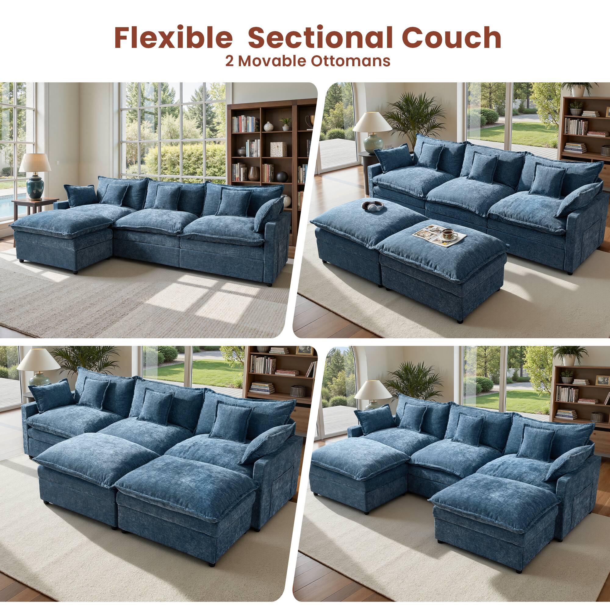Flexible Sectional Couch  
2 Movable Ottomans